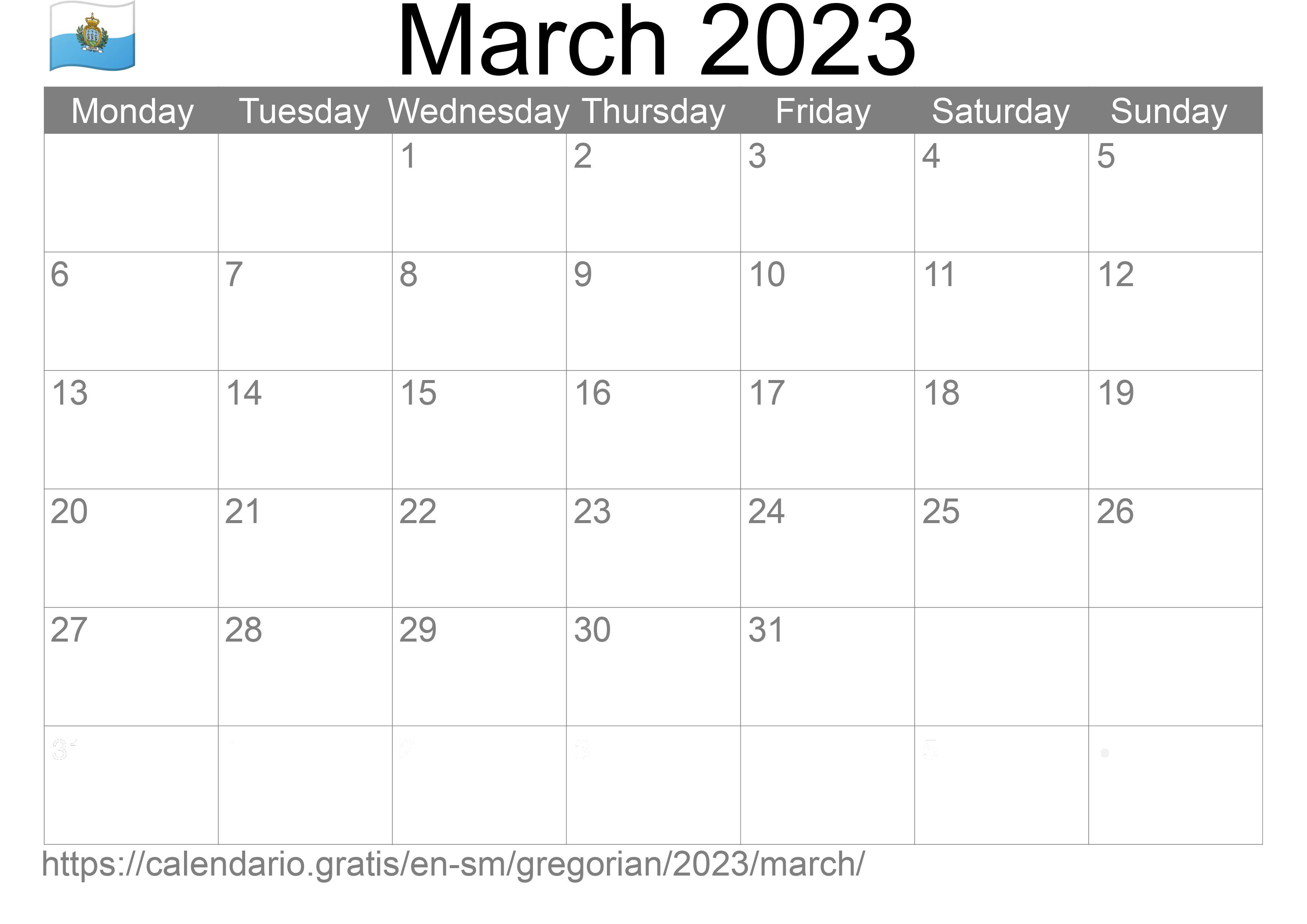 Calendar March 2023 to print