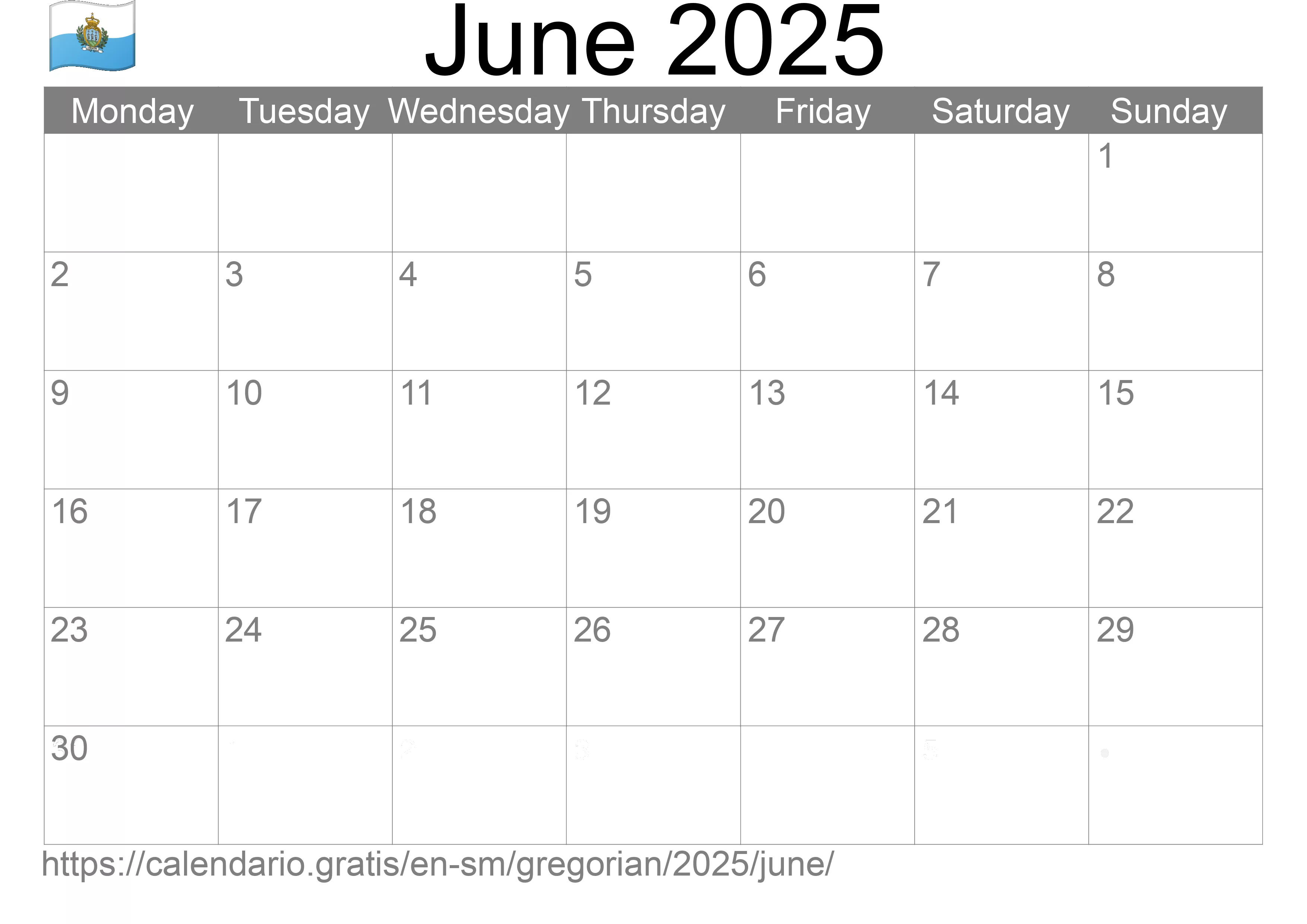 Calendar June 2025 to print (San Marino)