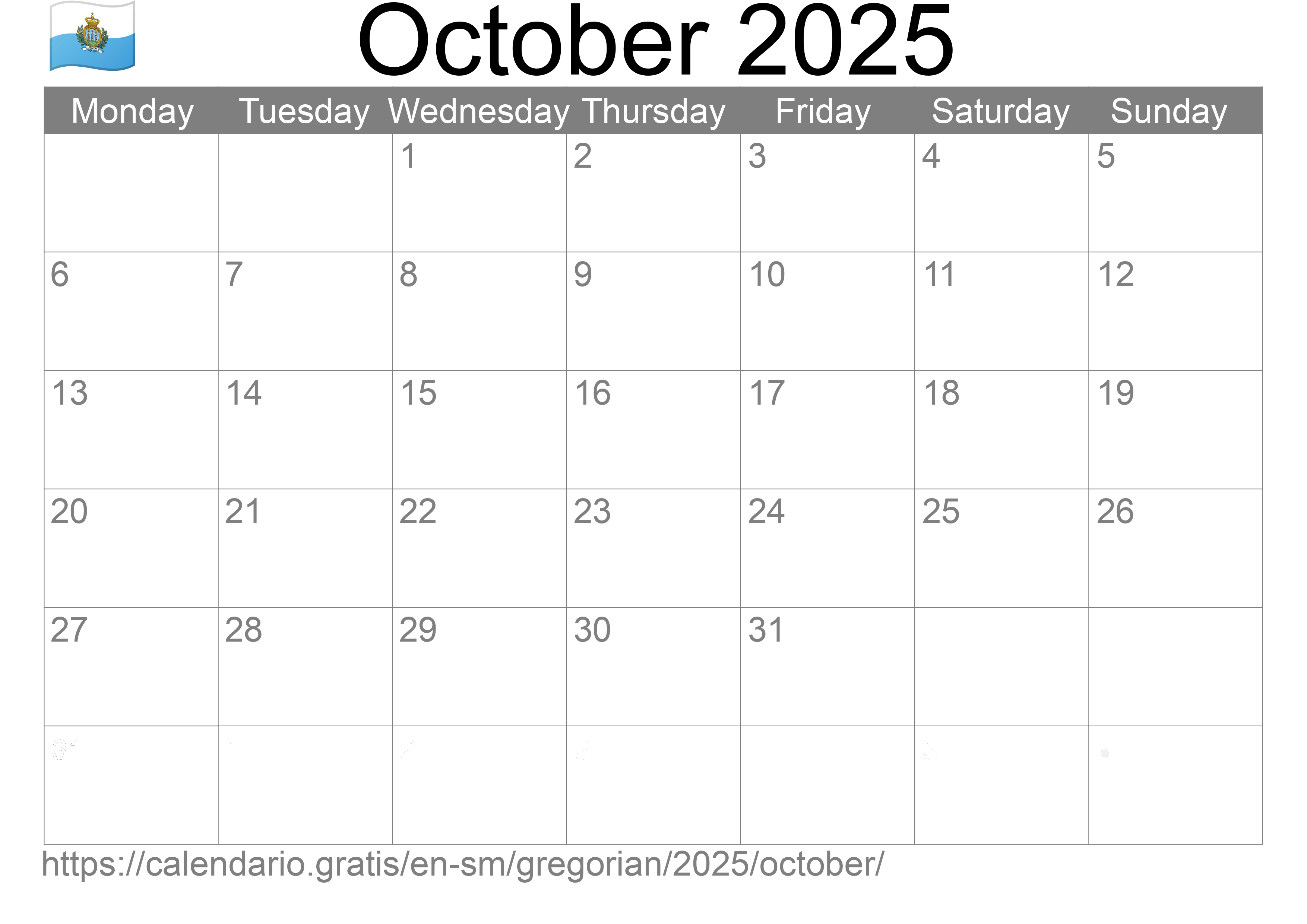 Calendar October 2025 to print