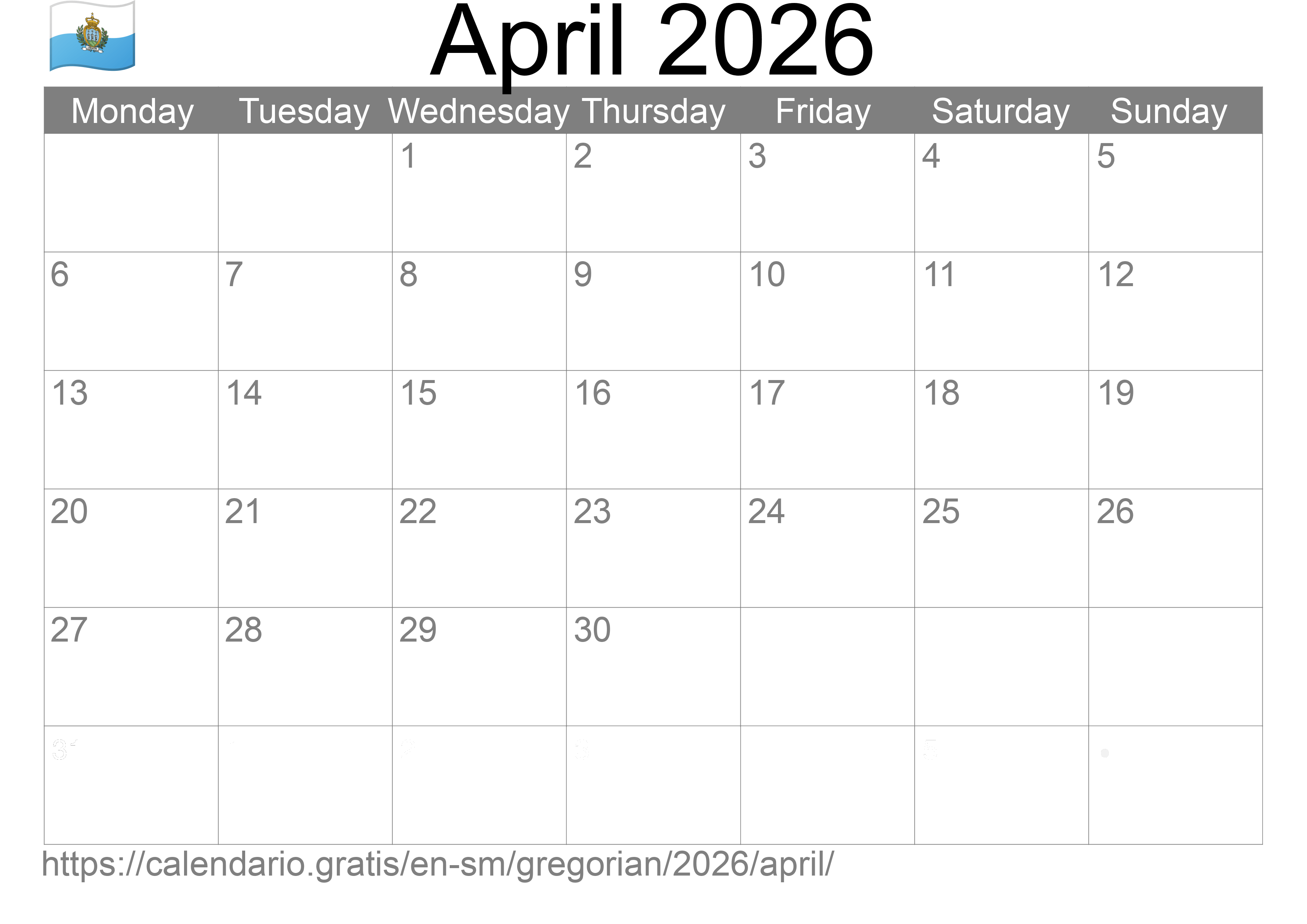 Calendar April 2026 to print