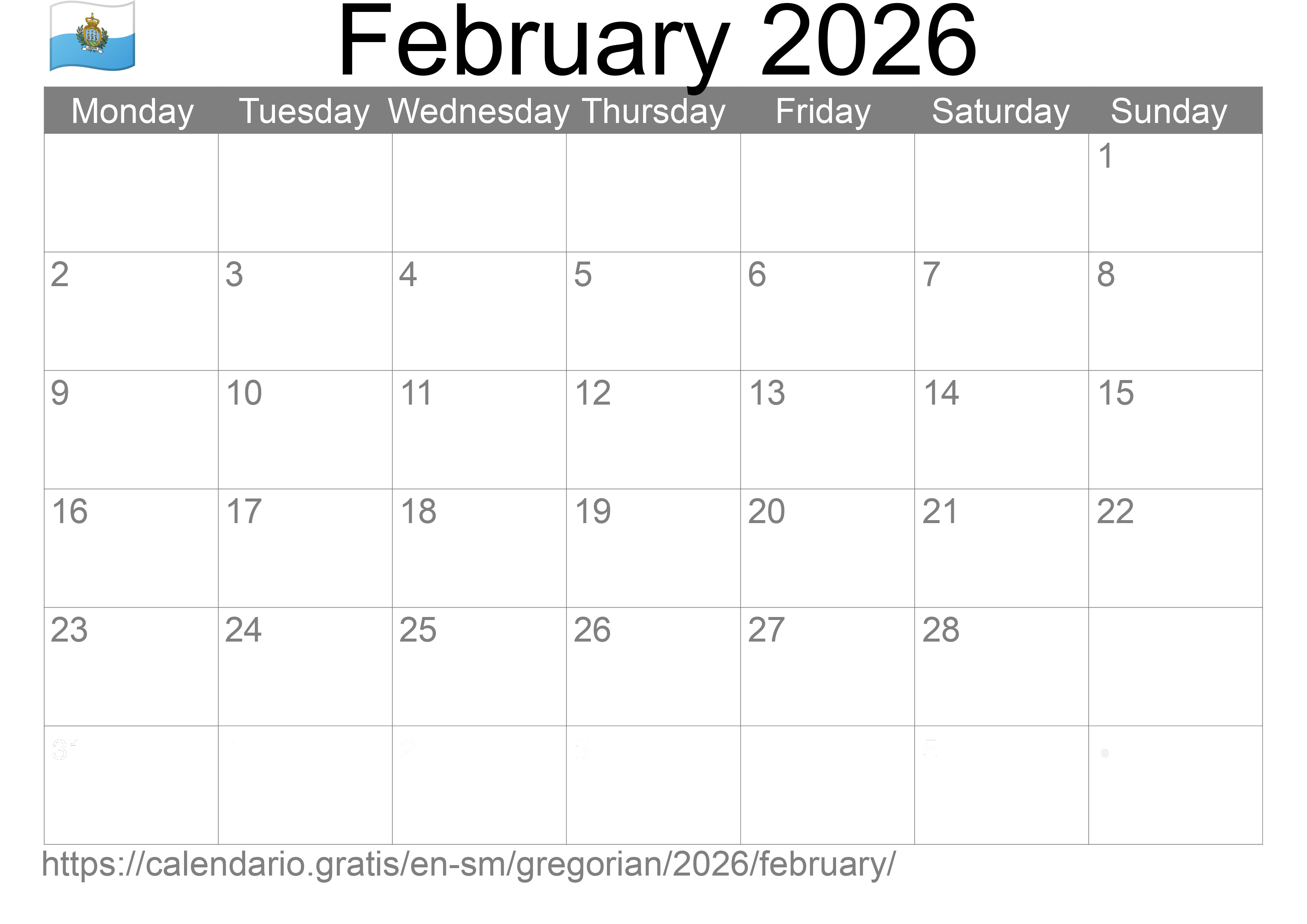 Calendar February 2026 to print