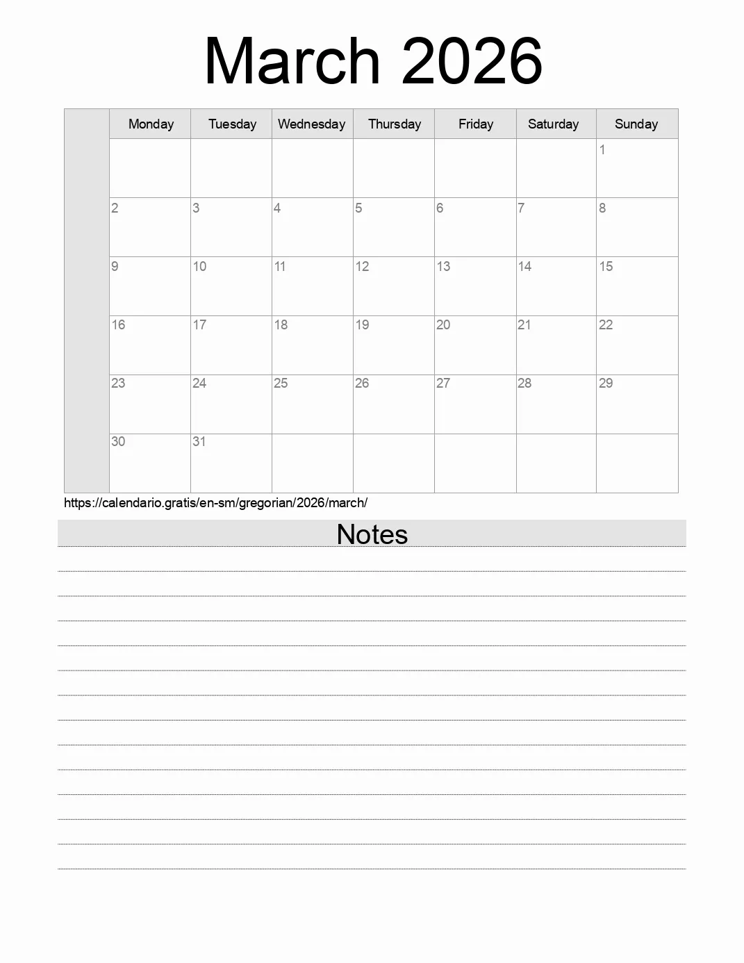 Calendar for printing with notes for 2026 March . (San Marino) Calendar for printing with notes for 2026 March . (San Marino)