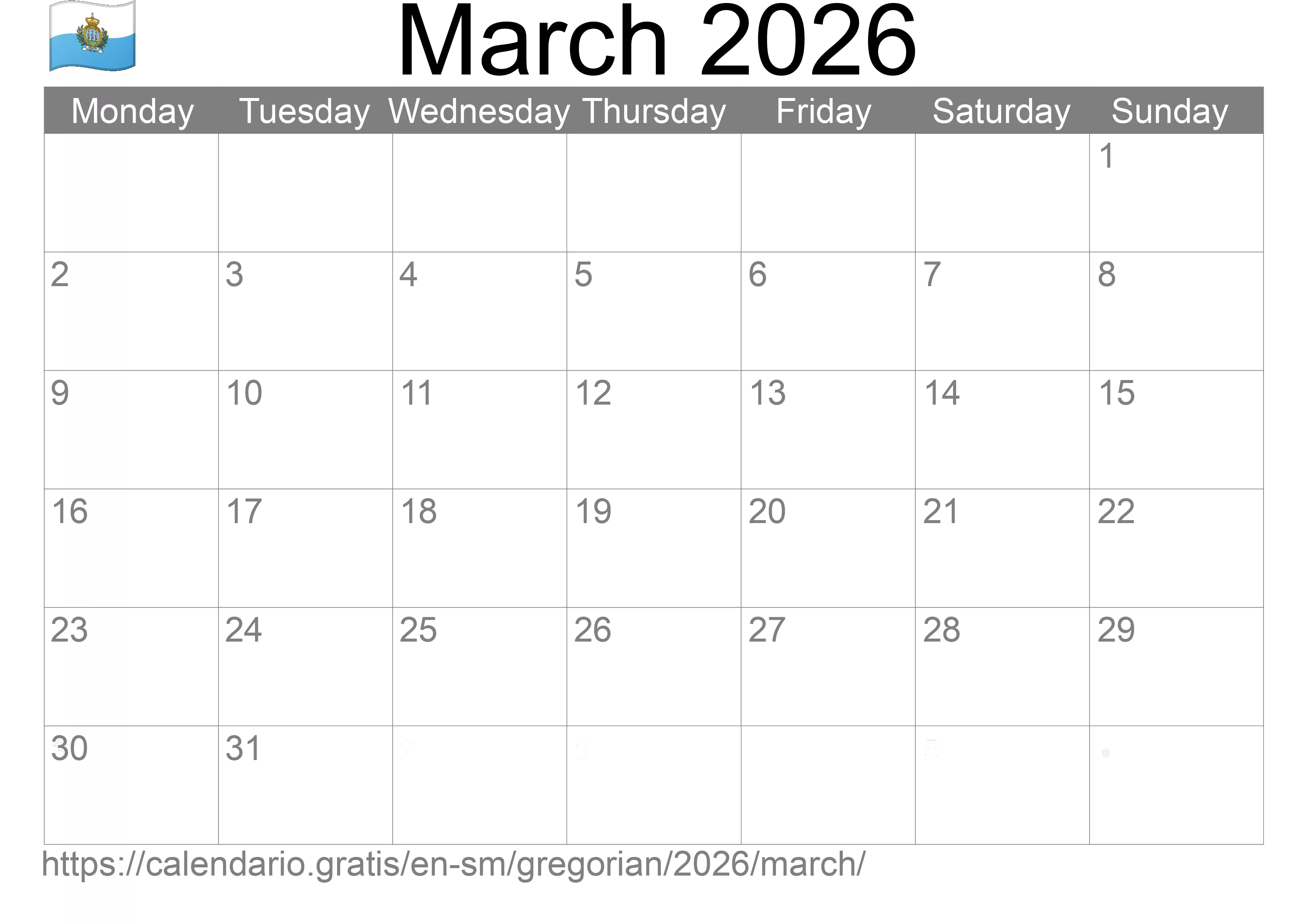 Calendar March 2026 to print (San Marino) Calendar March 2026 to print (San Marino)