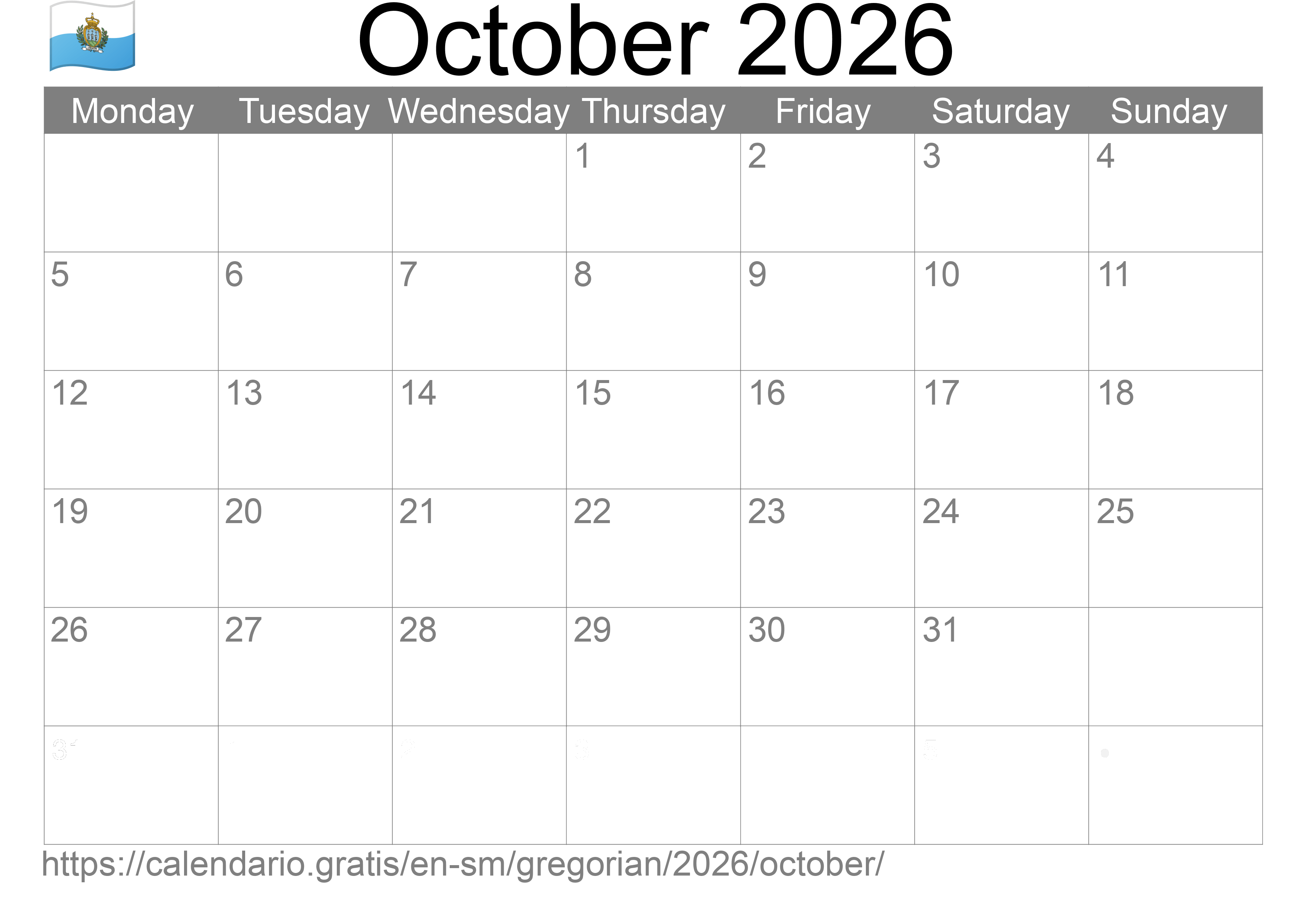 Calendar October 2026 to print