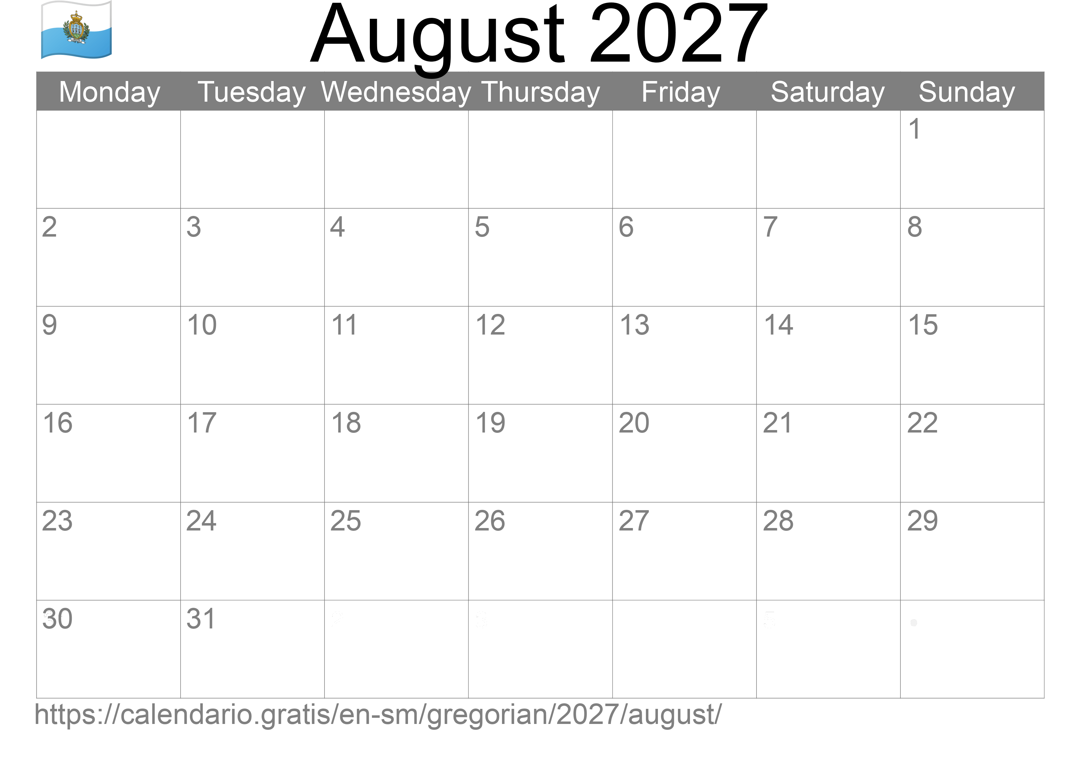 Calendar August 2027 to print