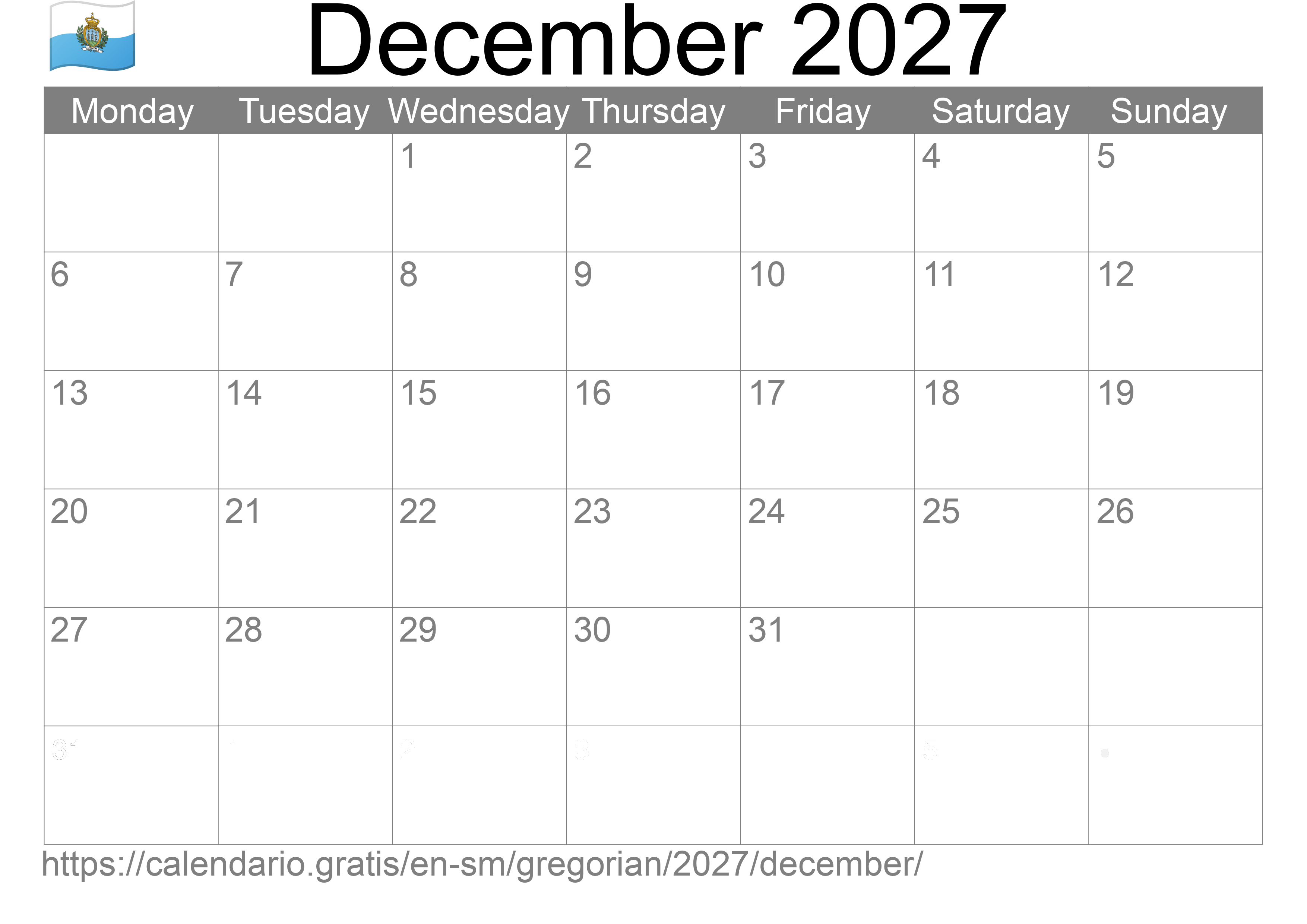 Calendar December 2027 to print