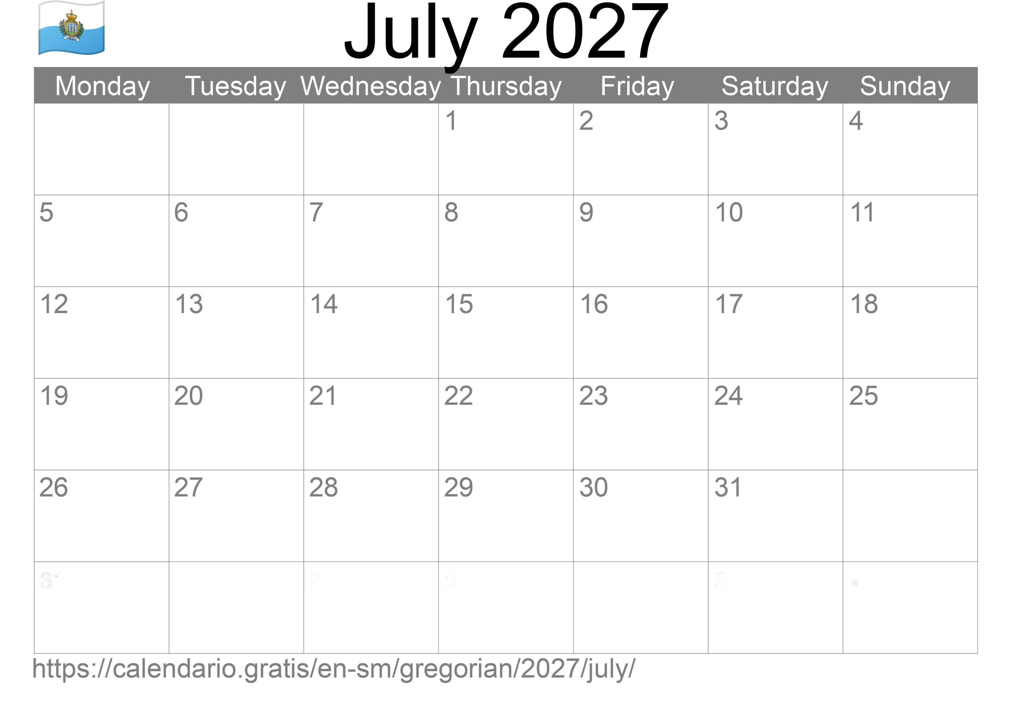 Calendar July 2027 to print