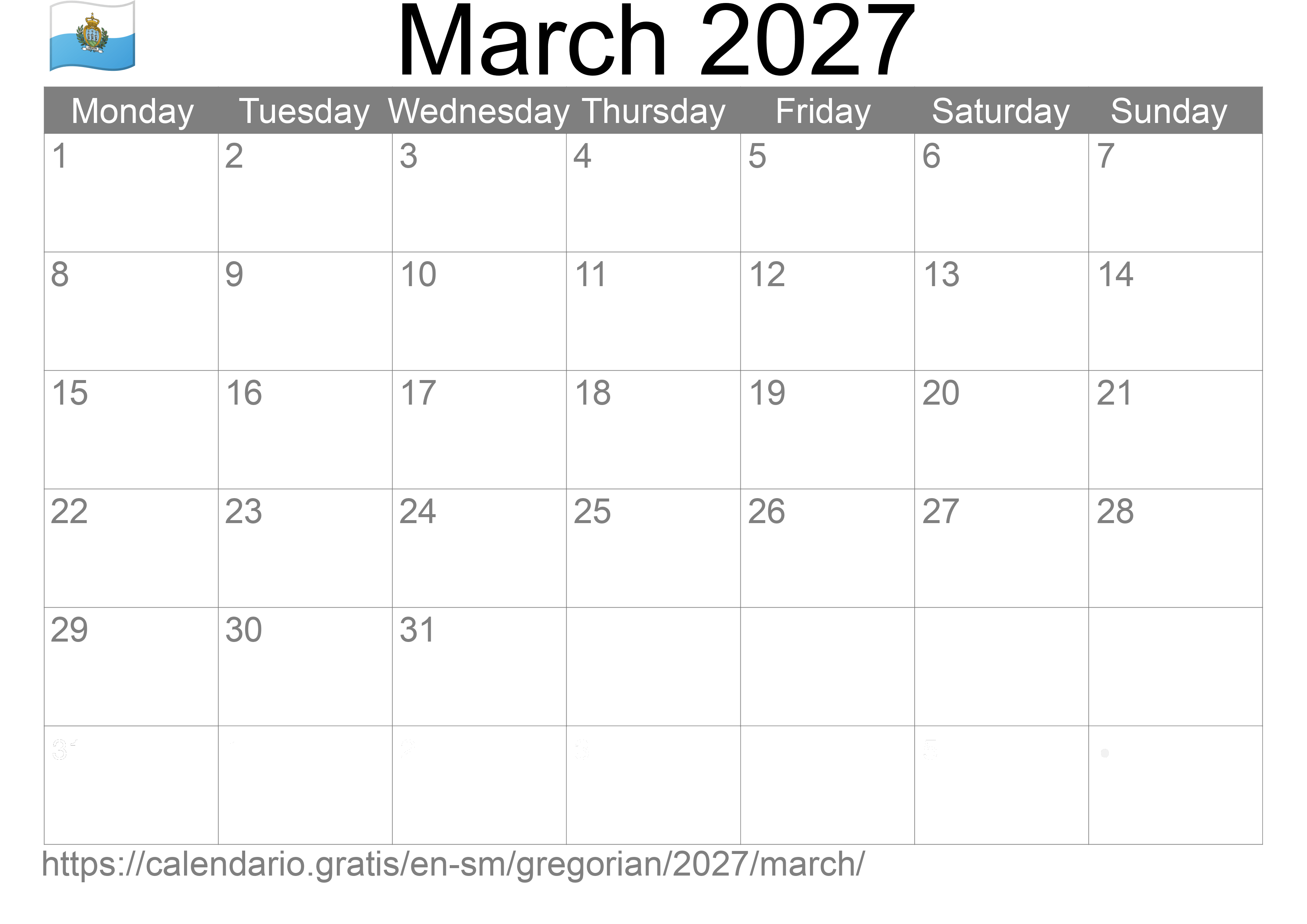 Calendar March 2027 to print