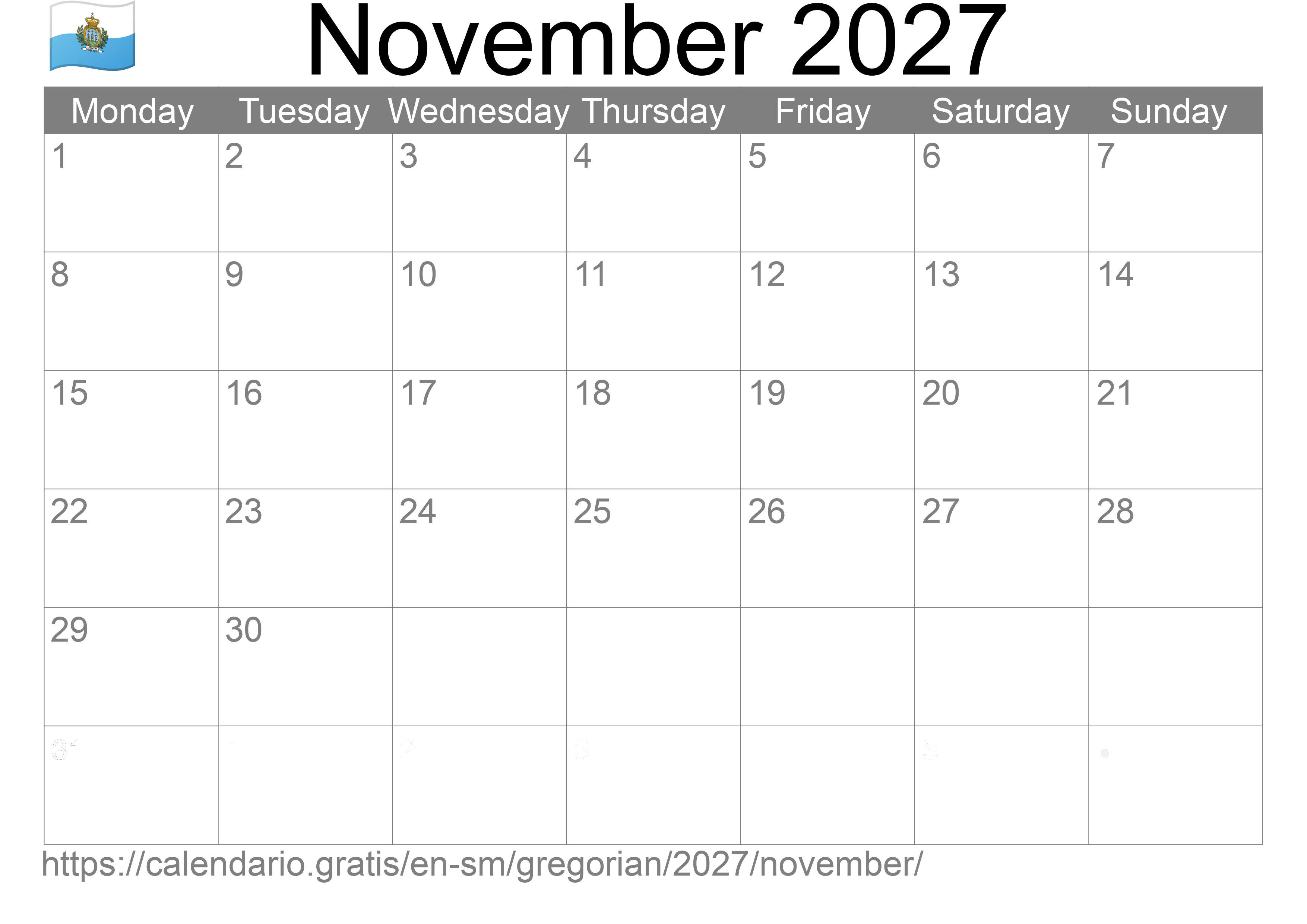 Calendar November 2027 to print