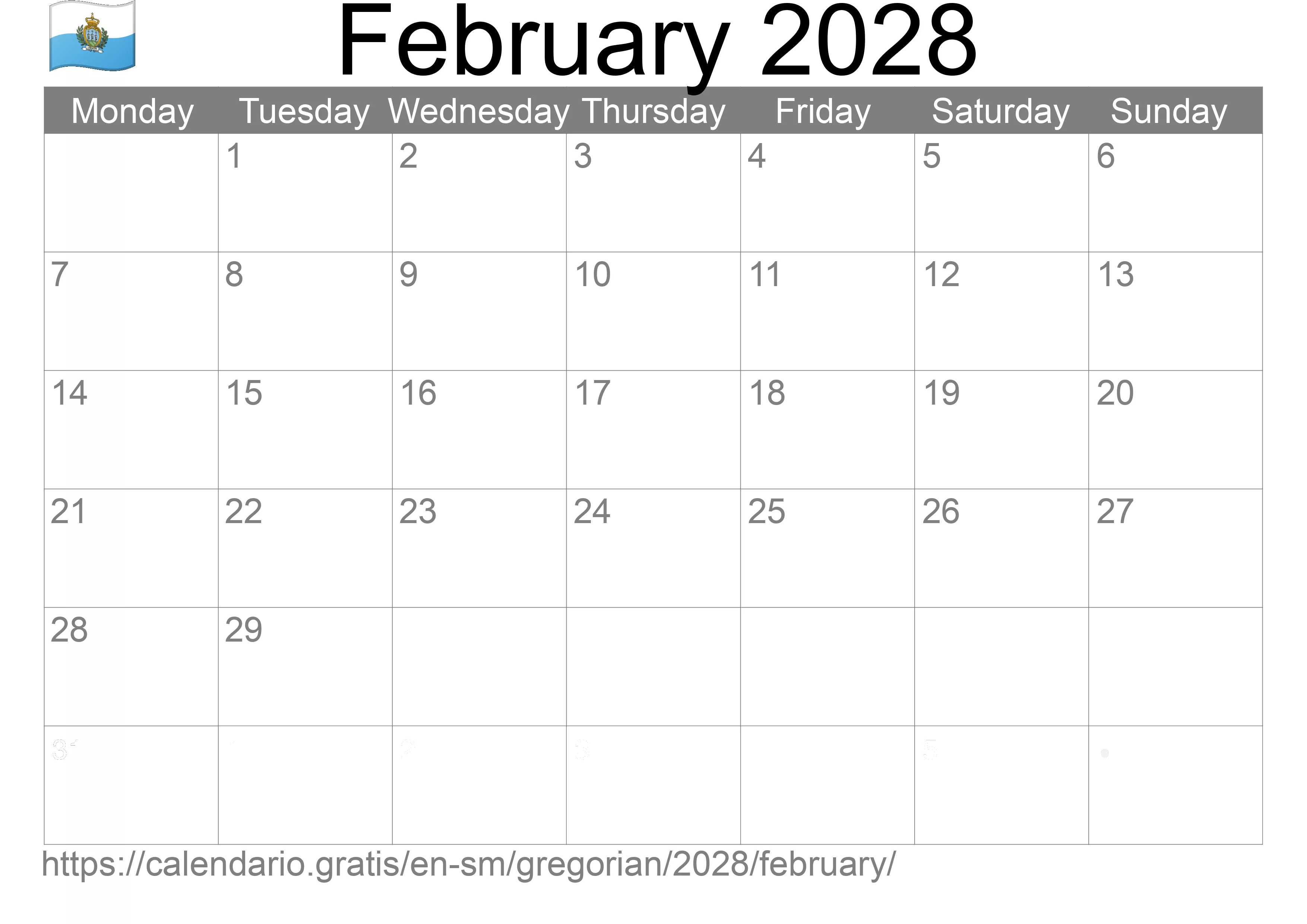 Calendar February 2028 to print (San Marino) Calendar February 2028 to print (San Marino)