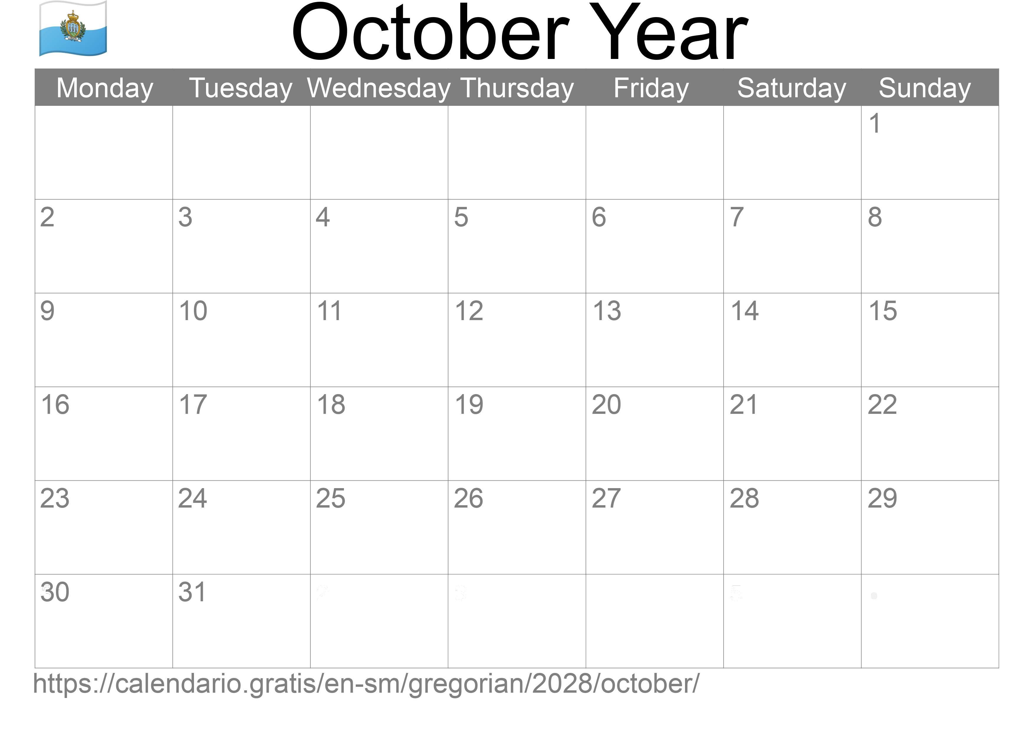 Calendar October 2028 to print