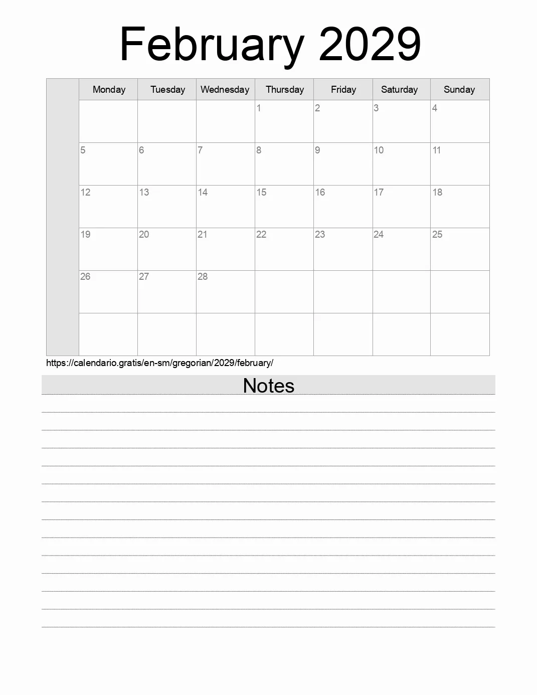 Calendar for printing with notes for 2029 February . (San Marino) Calendar for printing with notes for 2029 February . (San Marino)