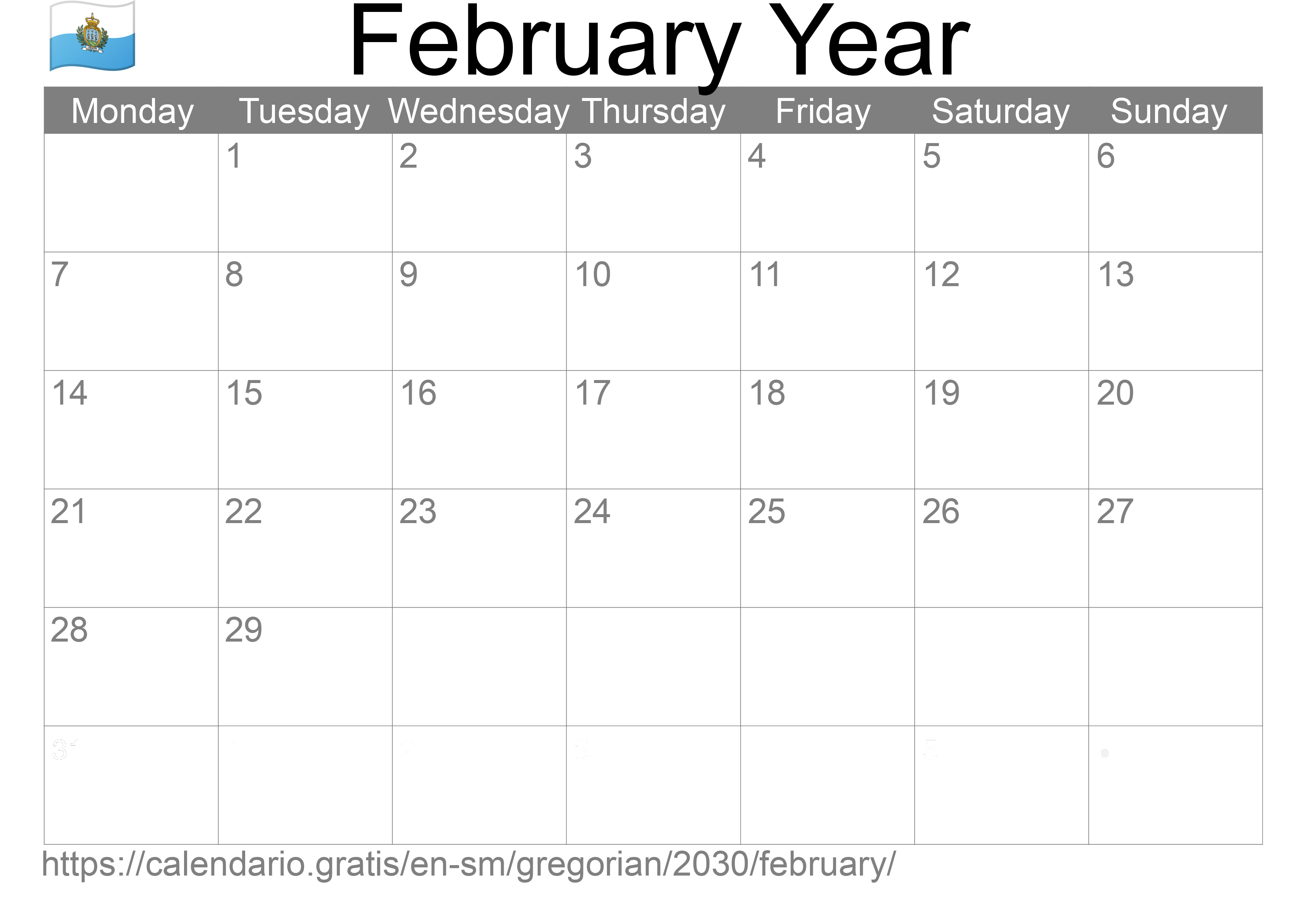 Calendar February 2030 to print