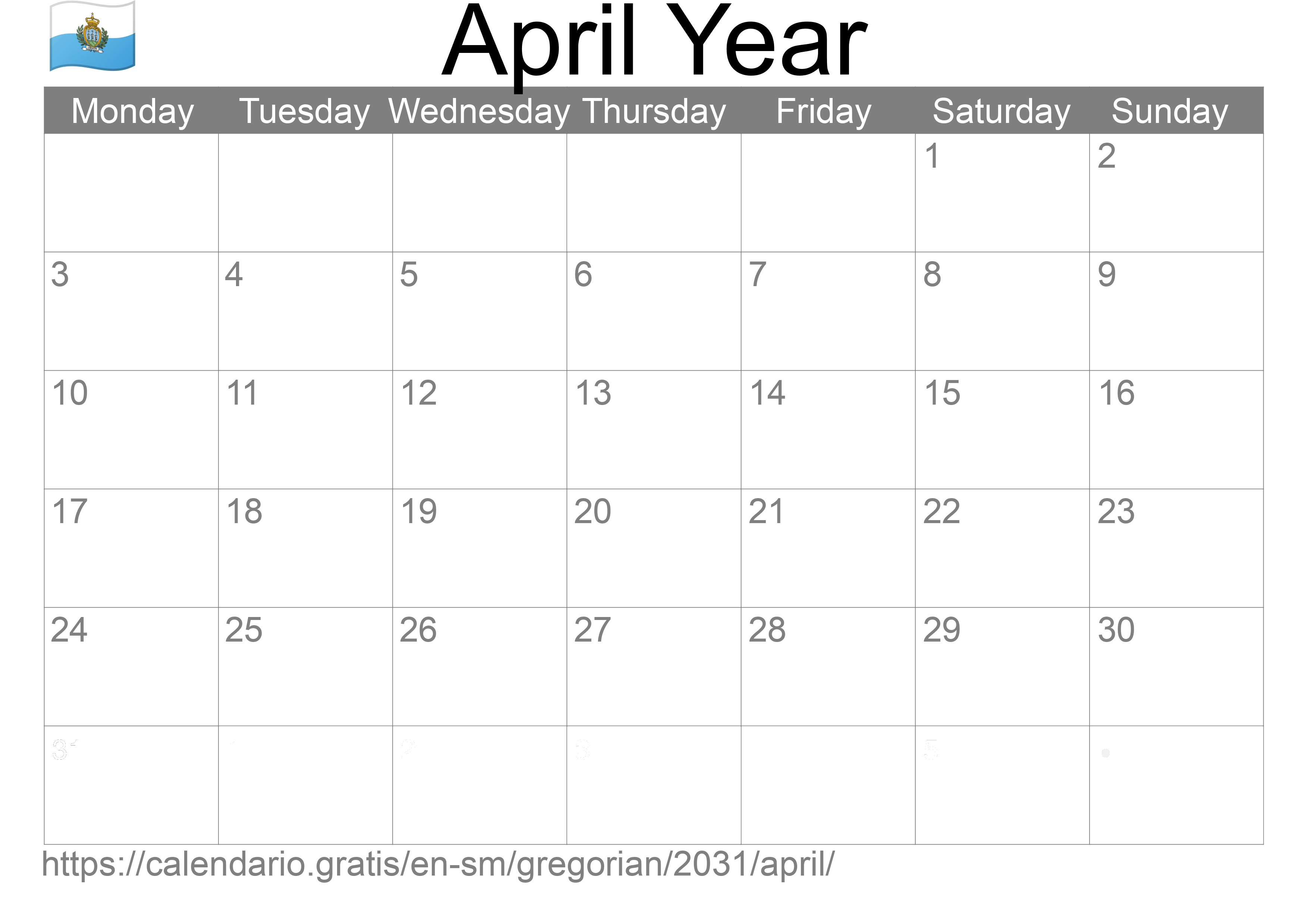 Calendar April 2031 to print