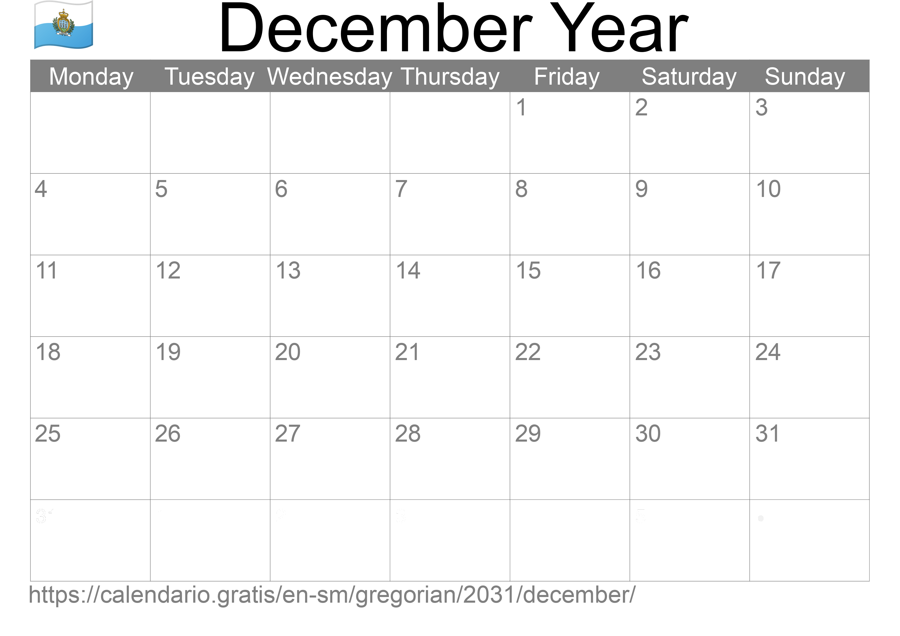 Calendar December 2031 to print