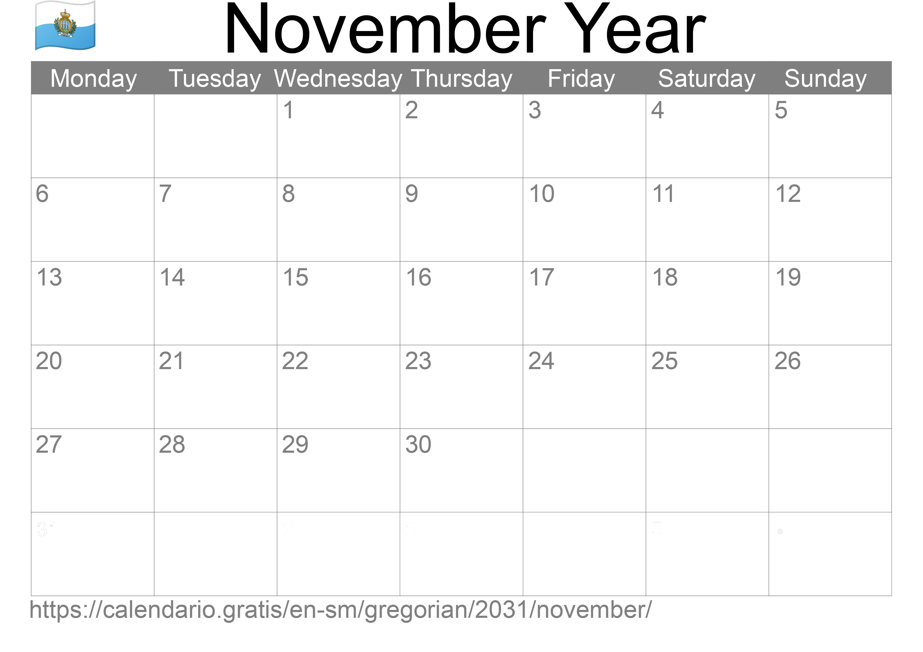 Calendar November 2031 to print