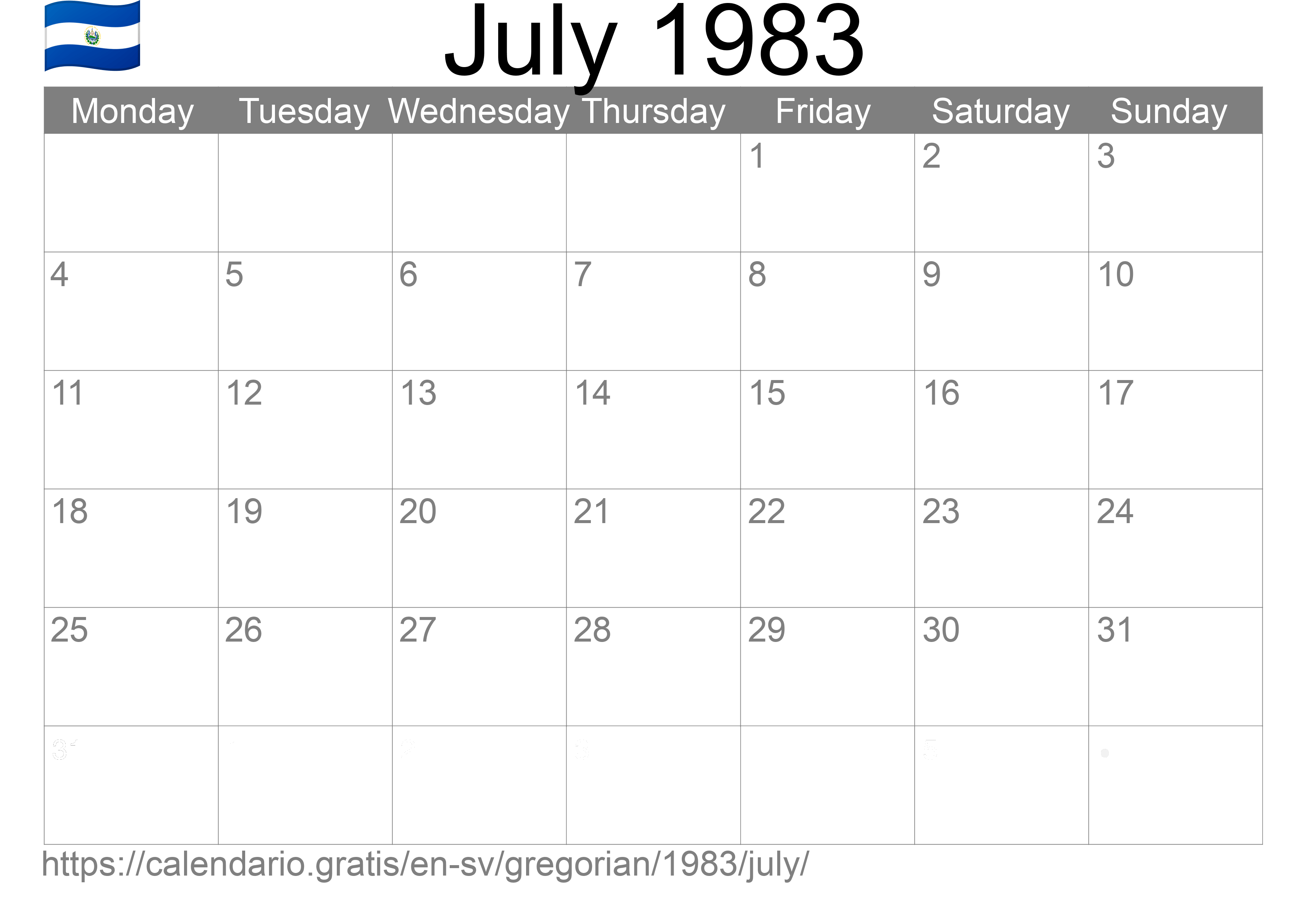 Calendar July 1983 to print