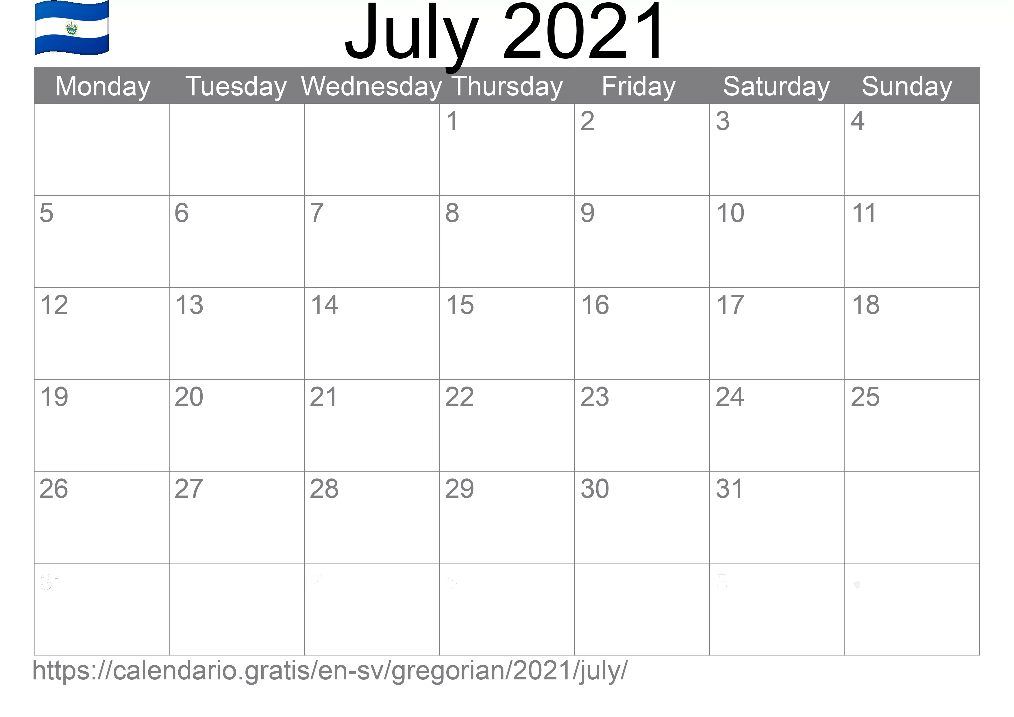 Calendar July 2021 to print (El Salvador)