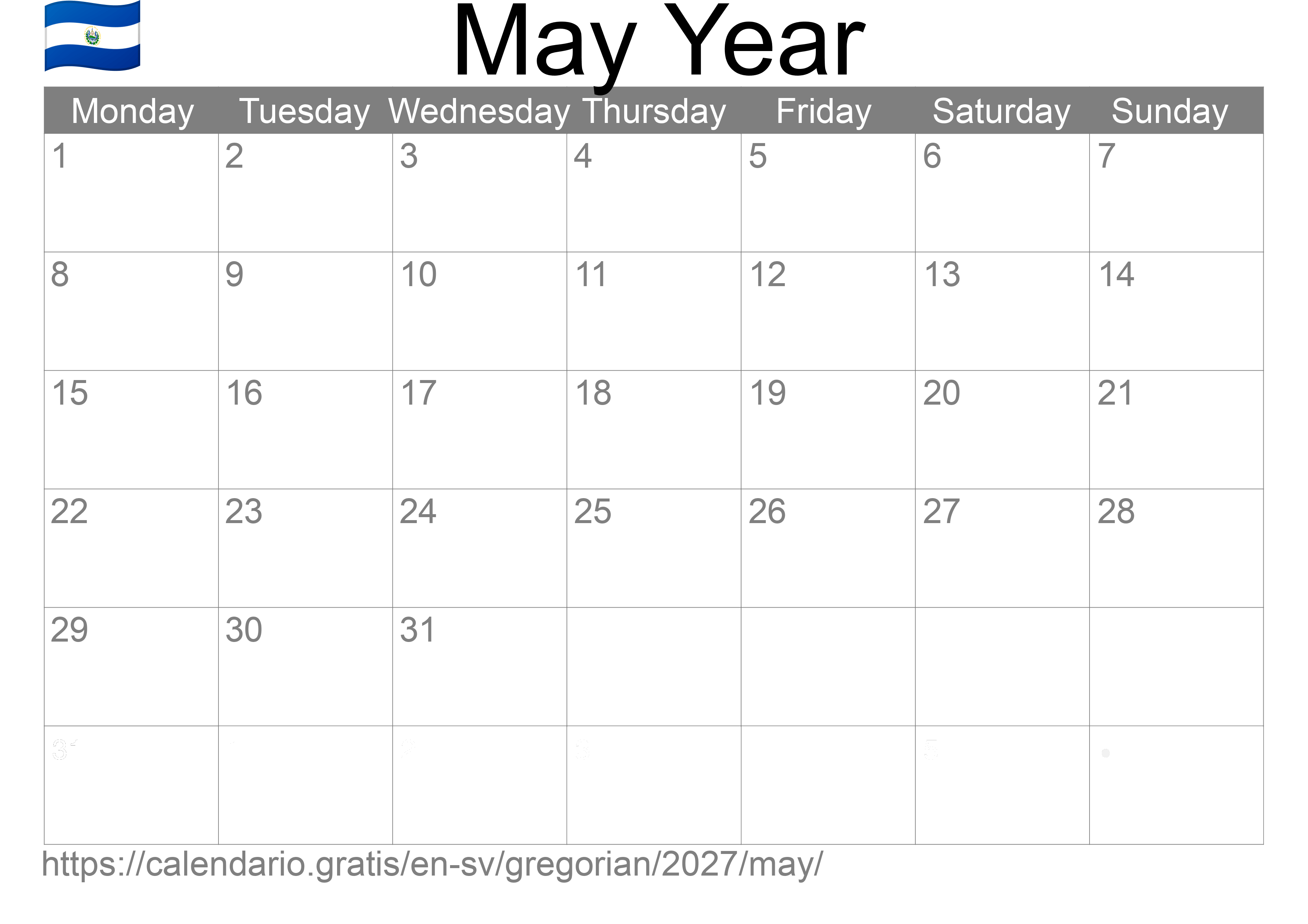 Calendar May 2027 to print