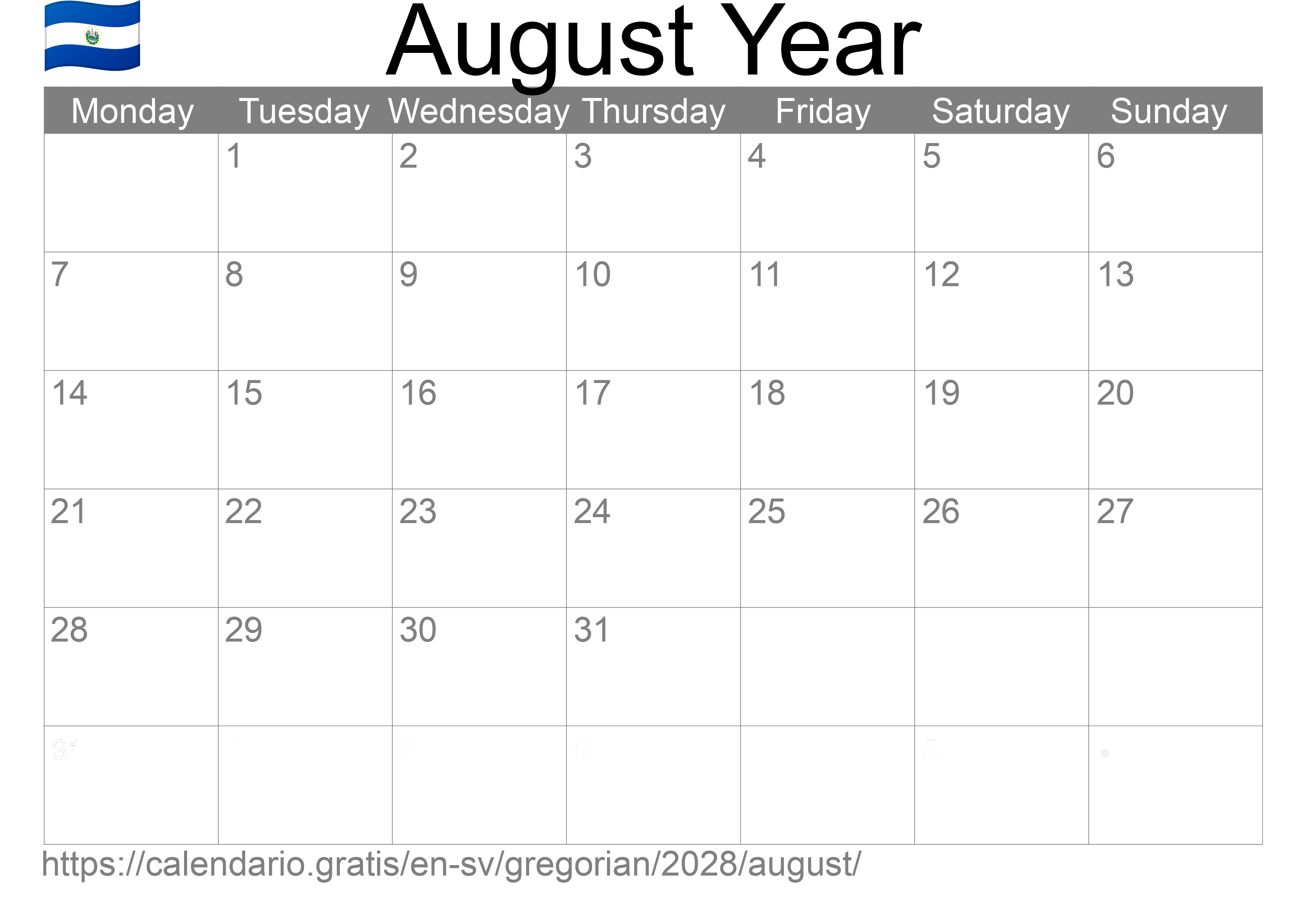 Calendar August 2028 to print