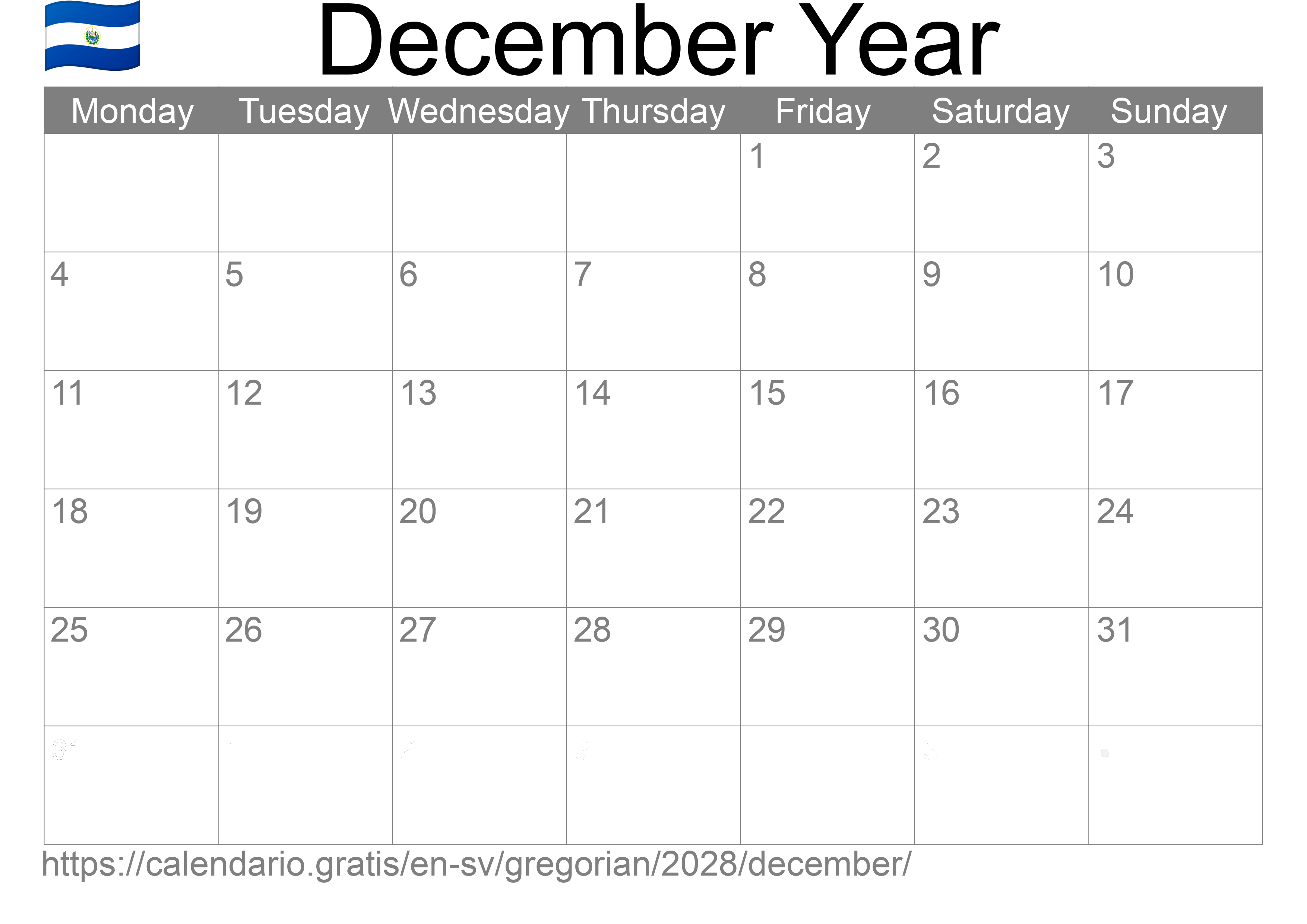 Calendar December 2028 to print