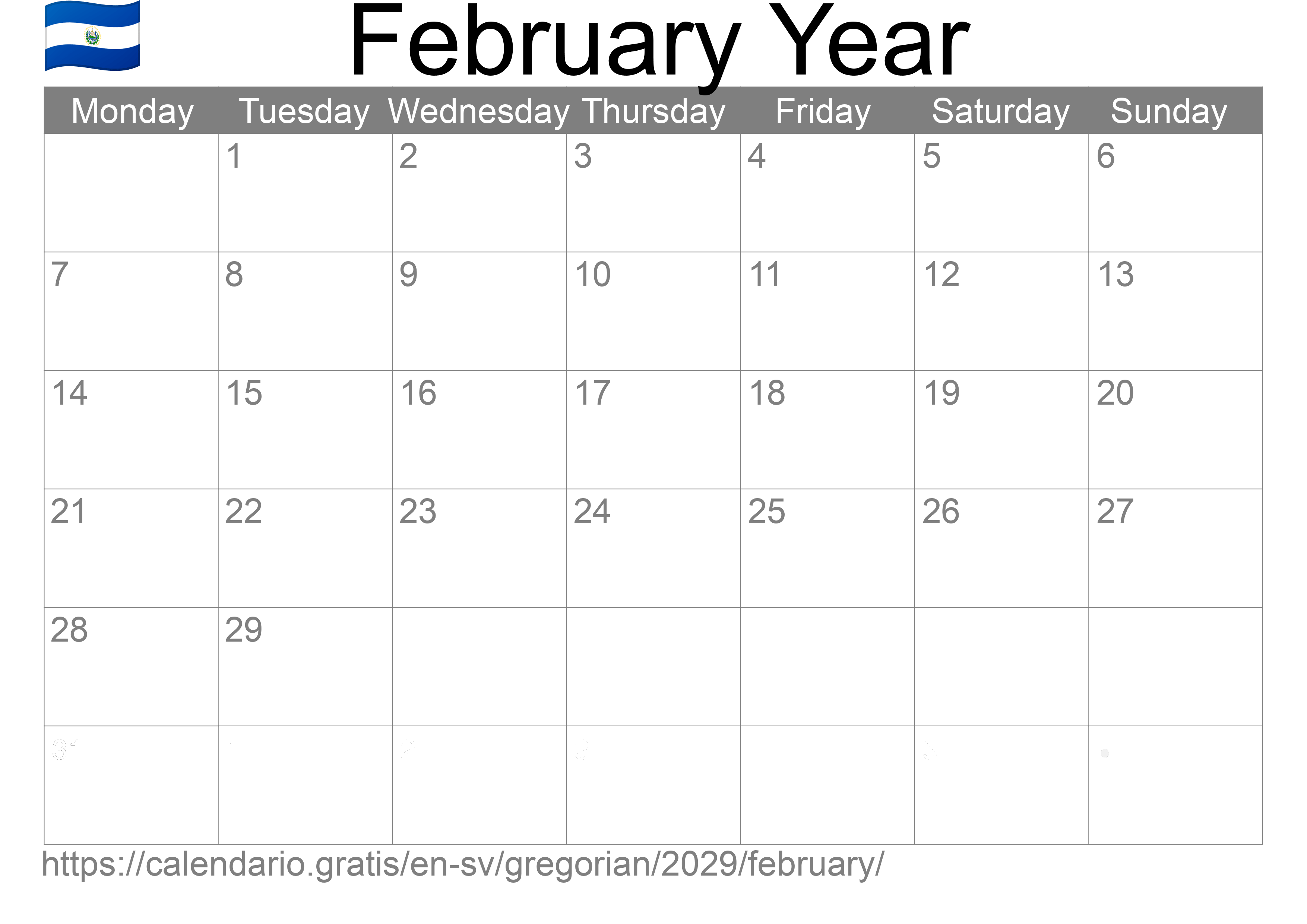 Calendar February 2029 to print