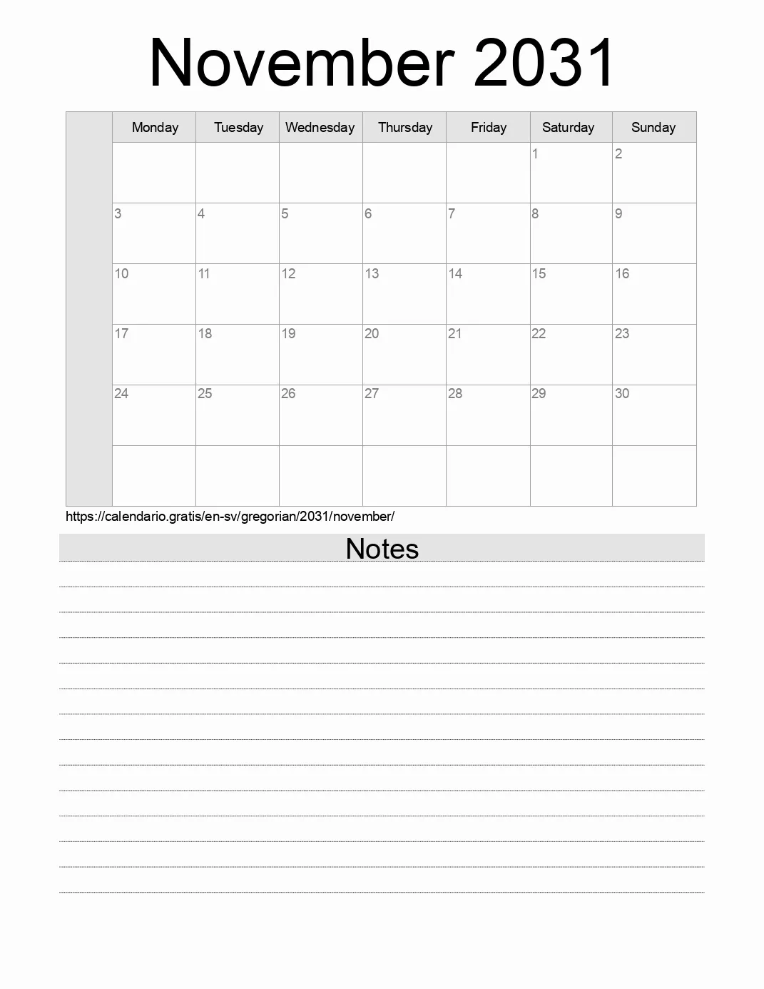 Calendar for printing with notes for 2031 November . (El Salvador)