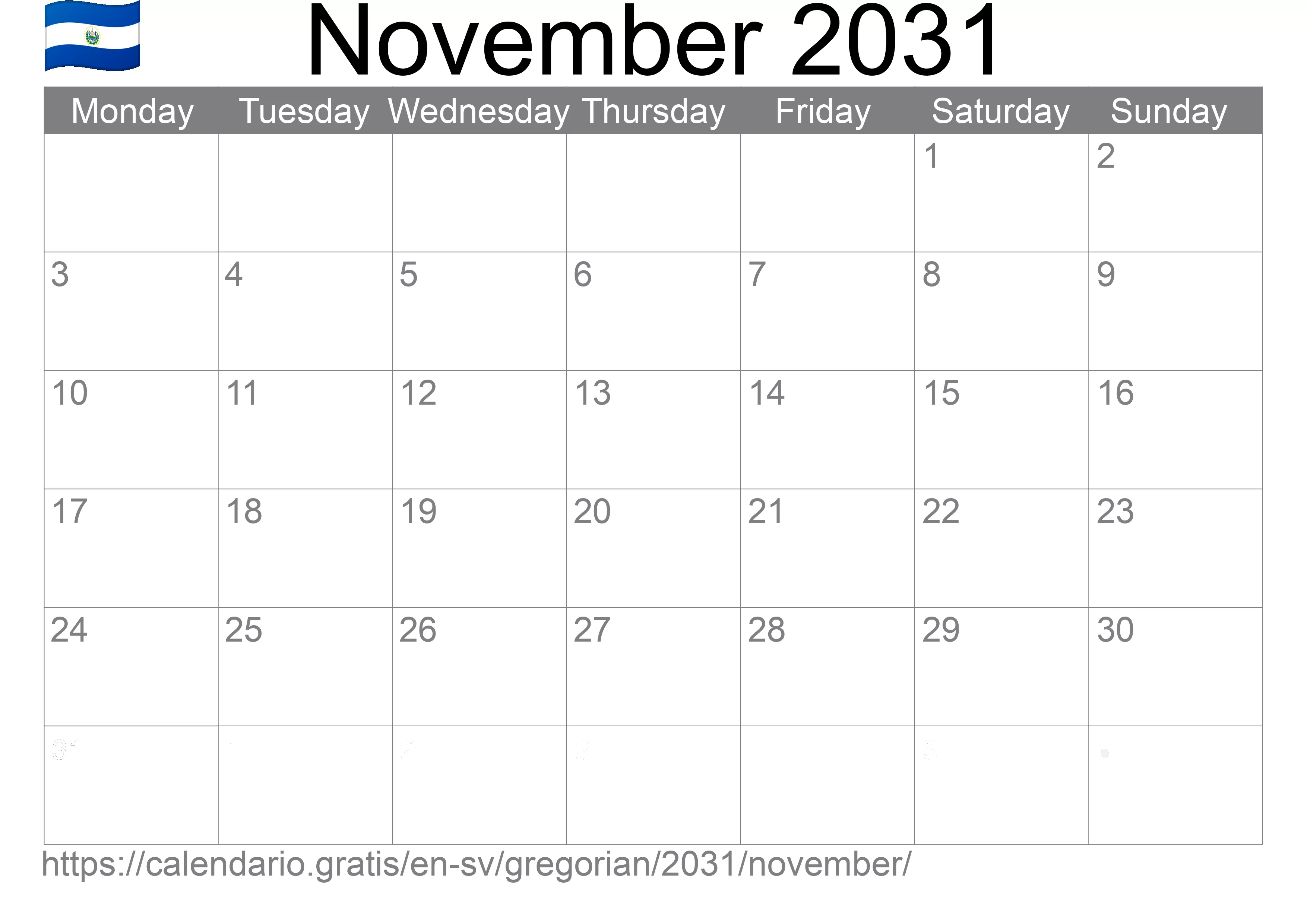 Calendar November 2031 to print (El Salvador)