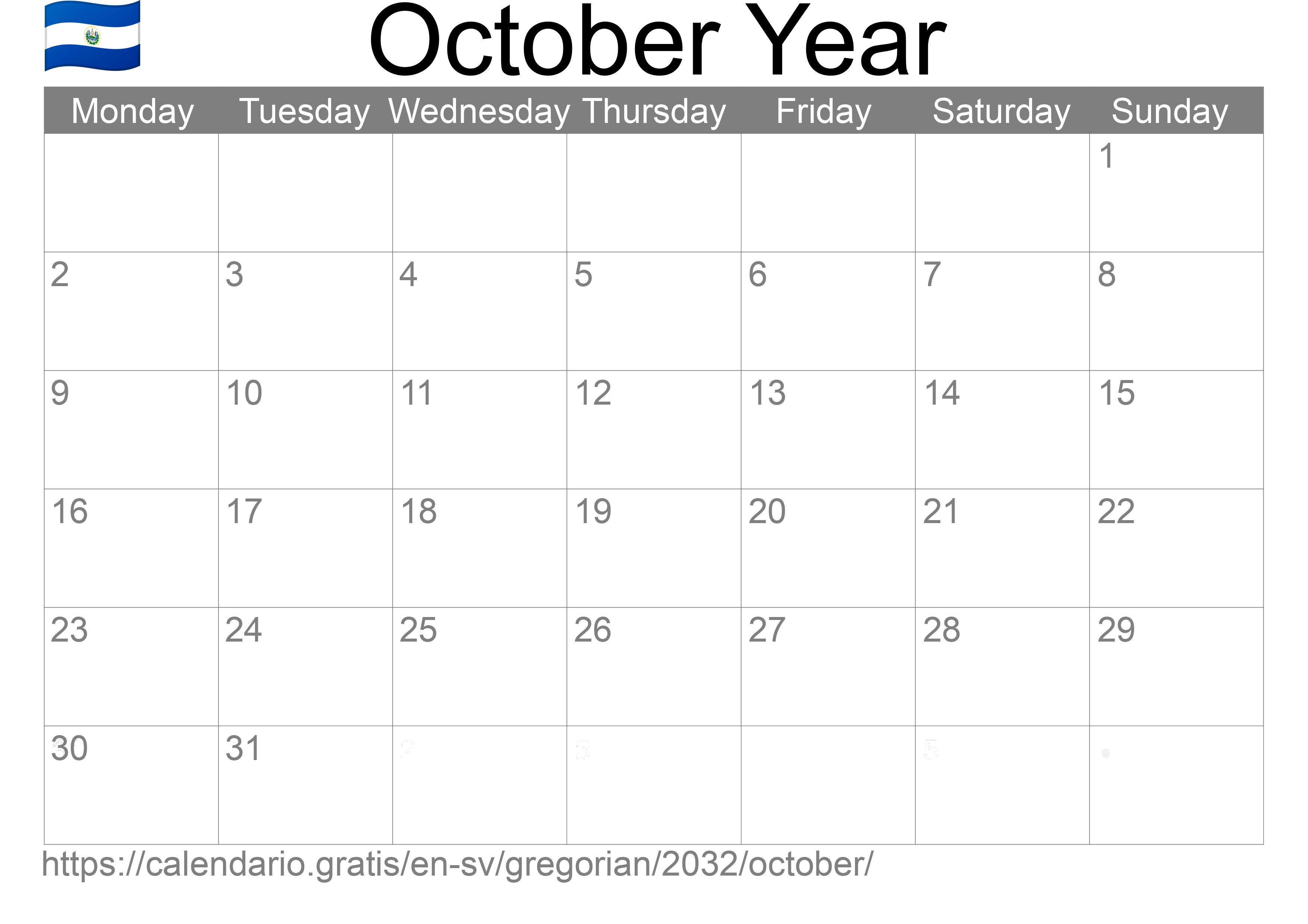 Calendar October 2032 to print