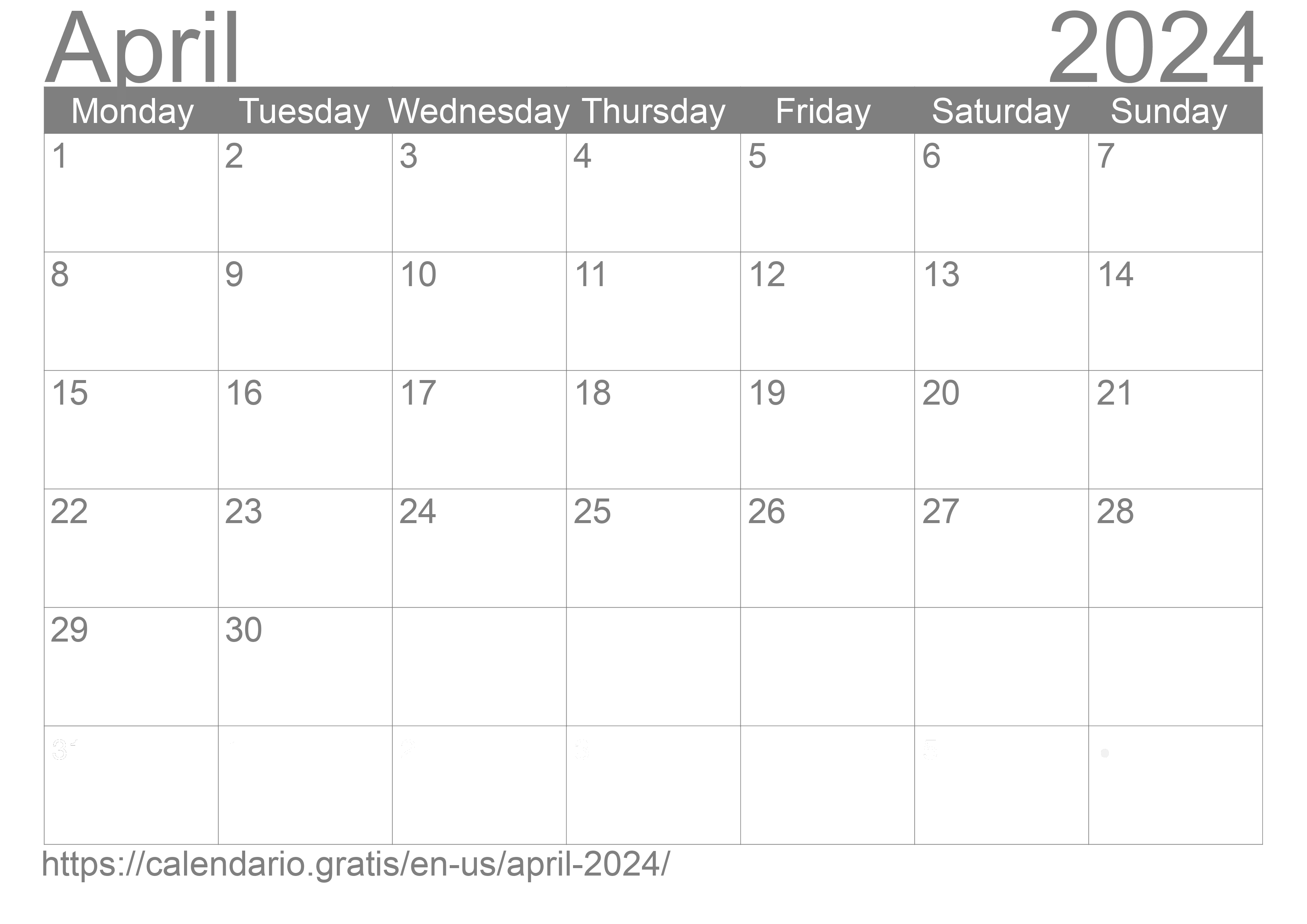 Calendar April 2024 from United States of America in English ☑️