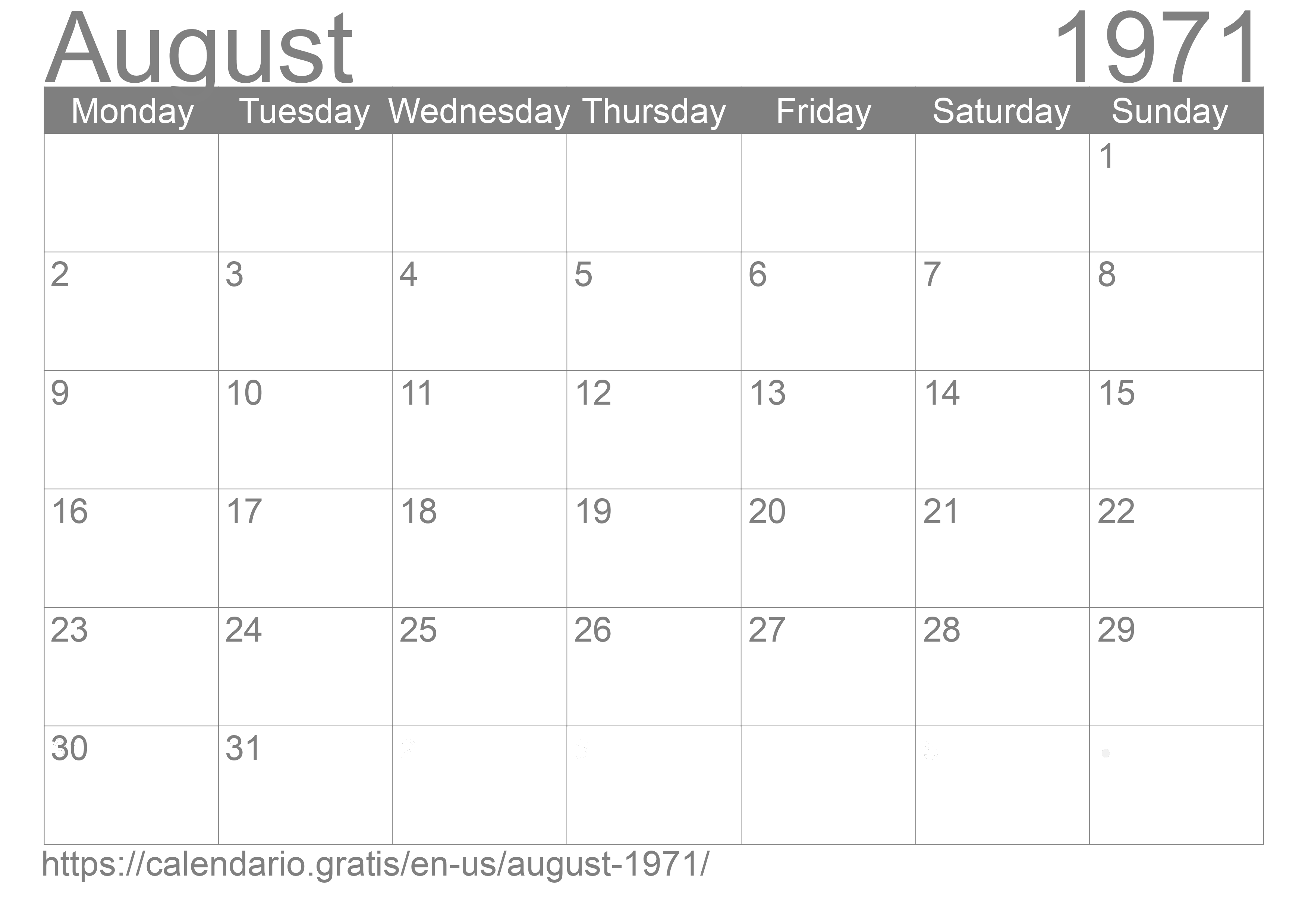 Calendar August 1971 from United States of America in English ☑️