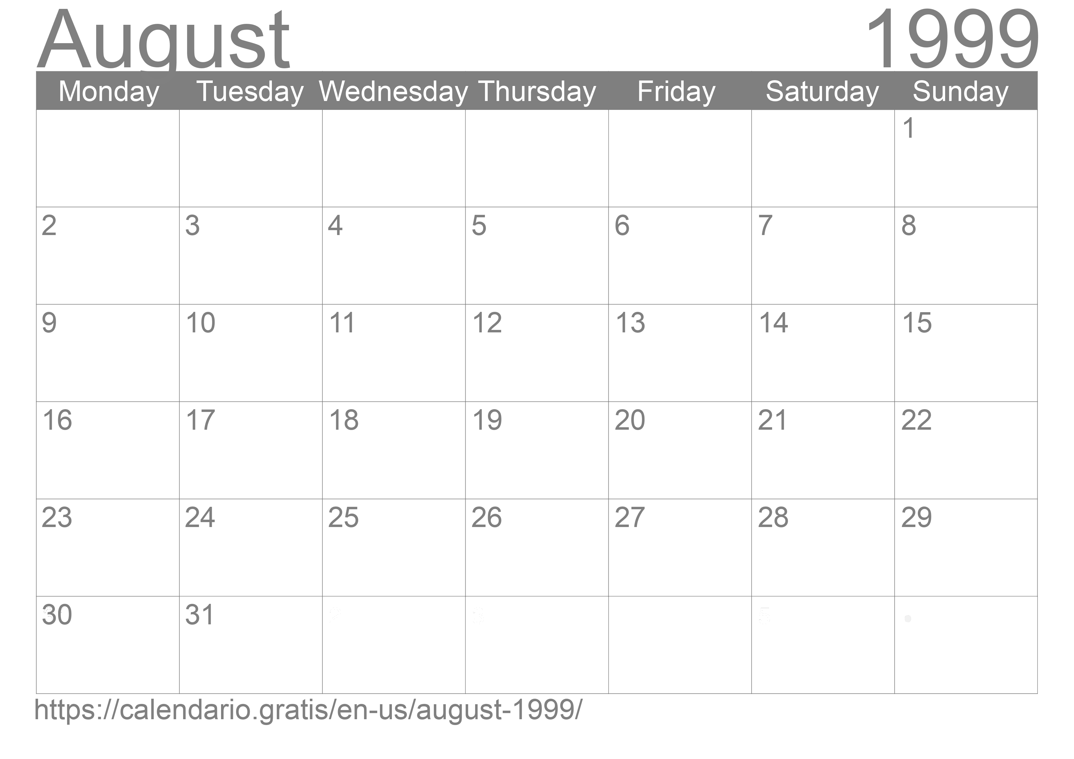 Calendar August 1999 from United States of America in English ☑️