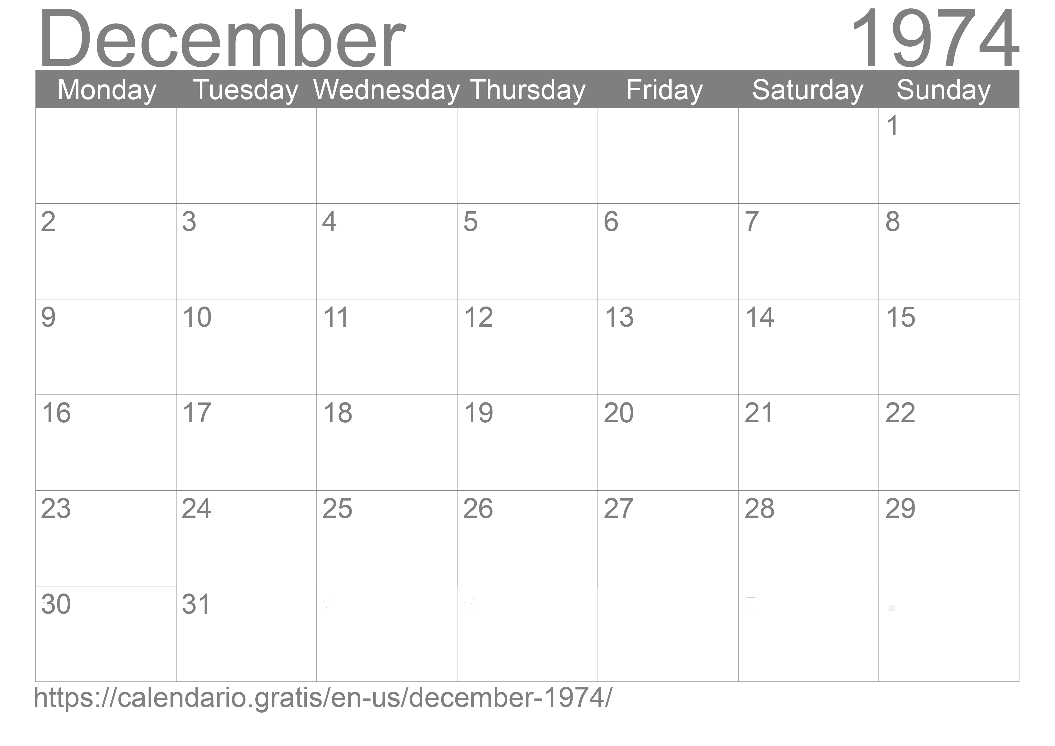 Calendar December 1974 from United States of America in English ☑️