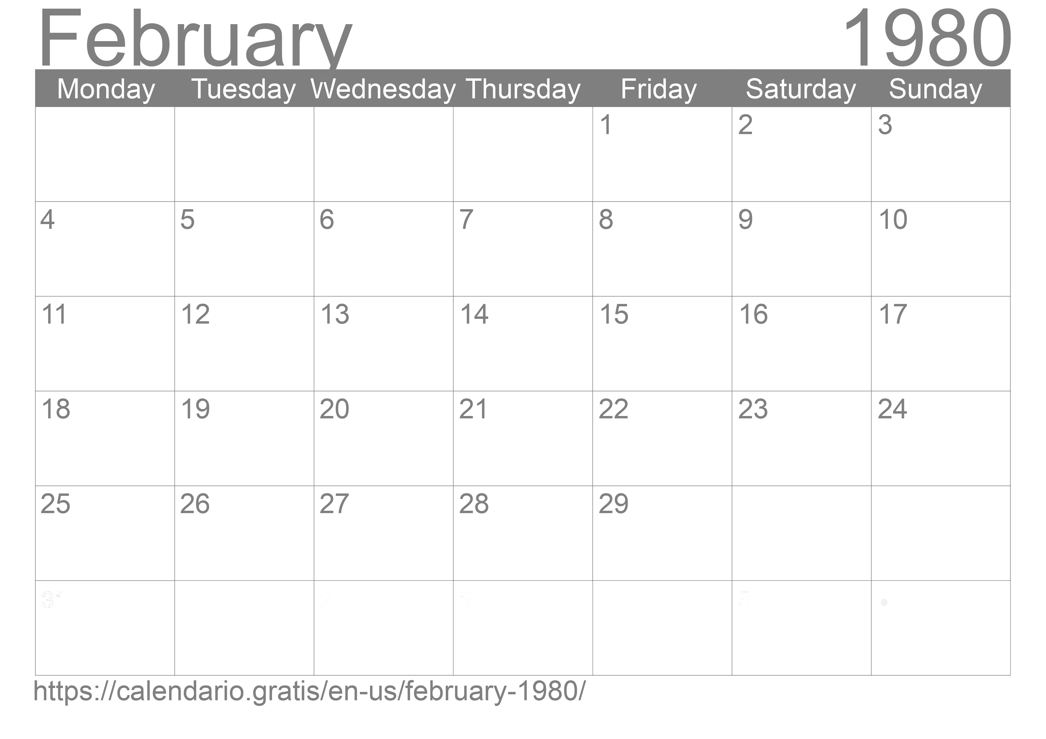 Calendar February 1980 from United States of America in English ☑️