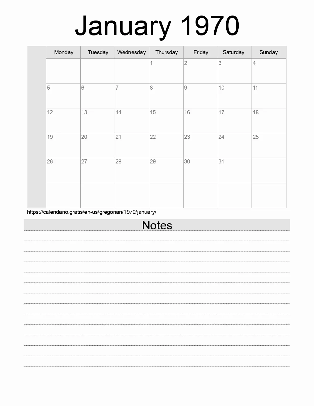 Calendar for printing with notes for 1970 January . (United States of America)