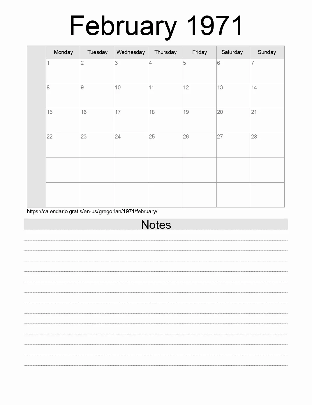 Calendar for printing with notes for 1971 February . (United States of America) Calendar for printing with notes for 1971 February . (United States of America)