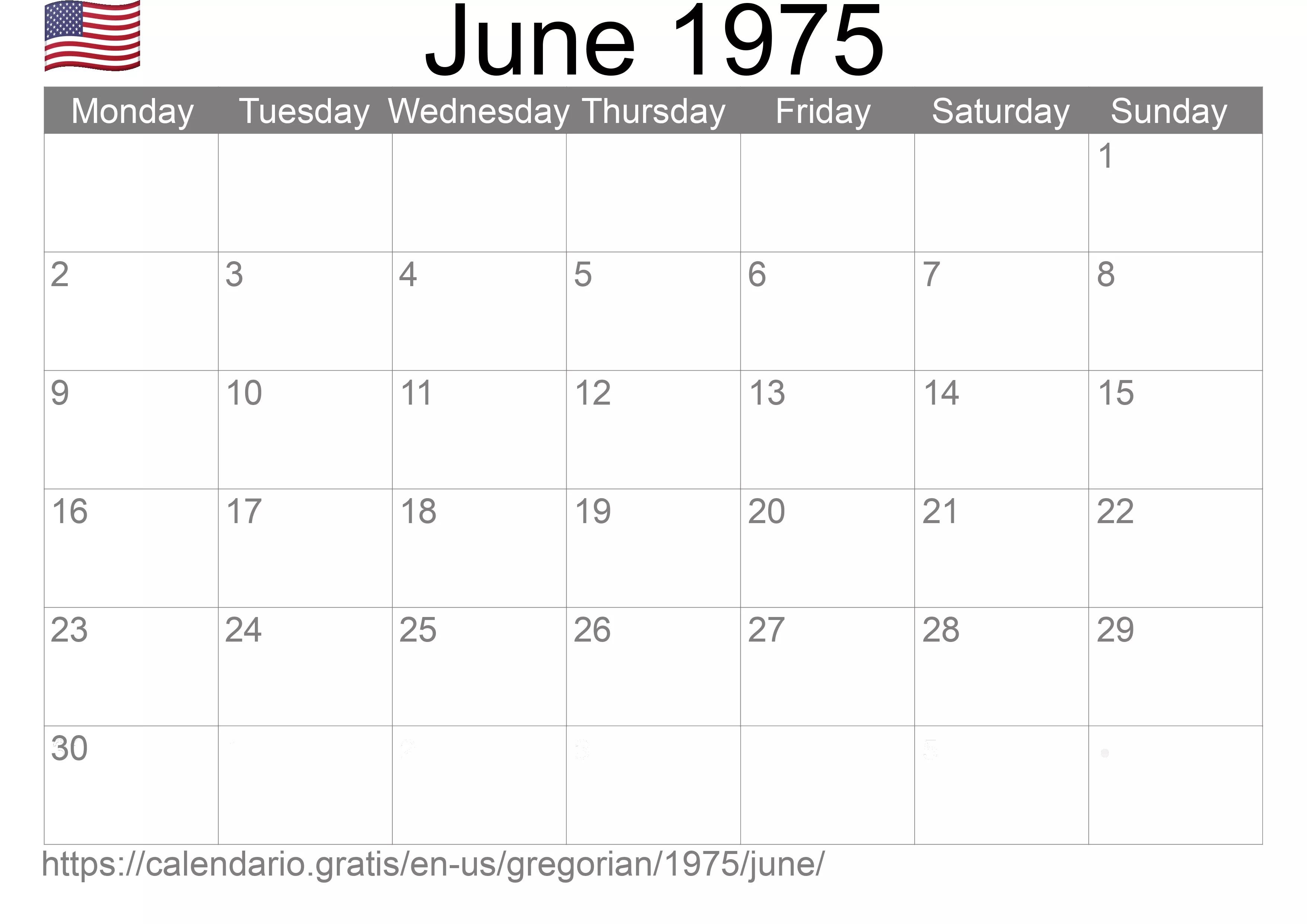 Calendar June 1975 from United States of America in English: Holidays