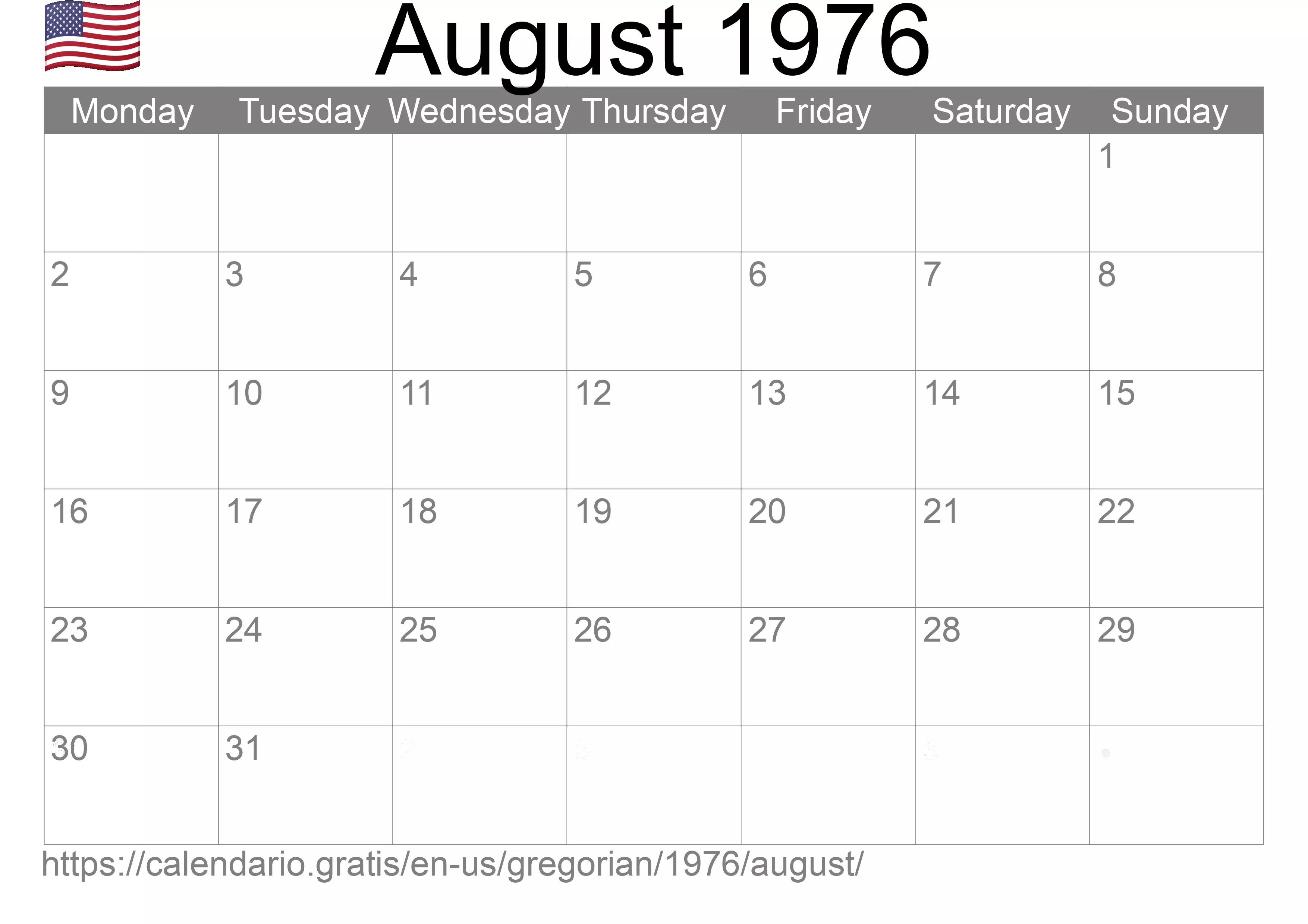Calendar August 1976 to print (United States of America) Calendar August 1976 to print (United States of America)