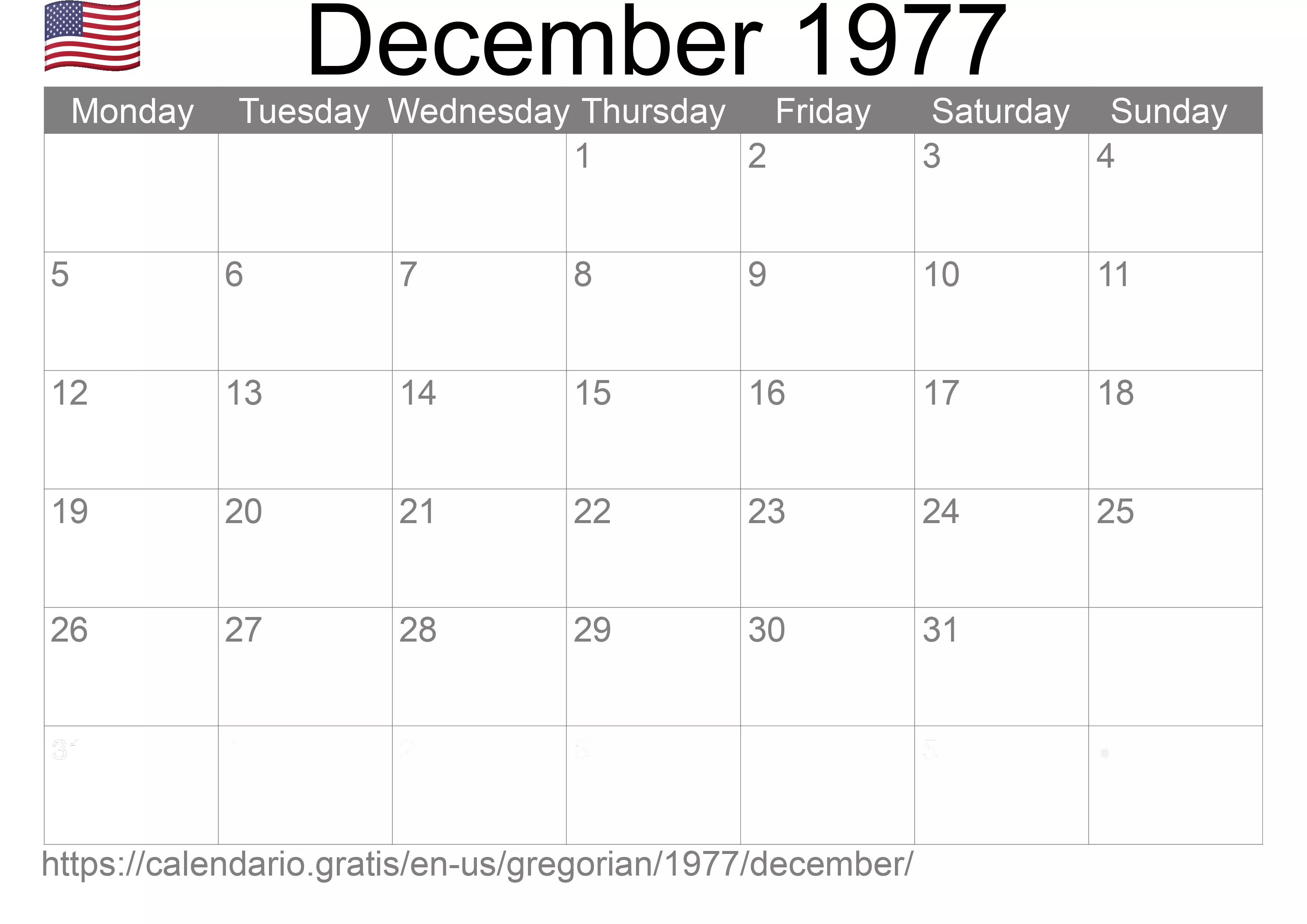 Calendar December 1977 from United States of America in English