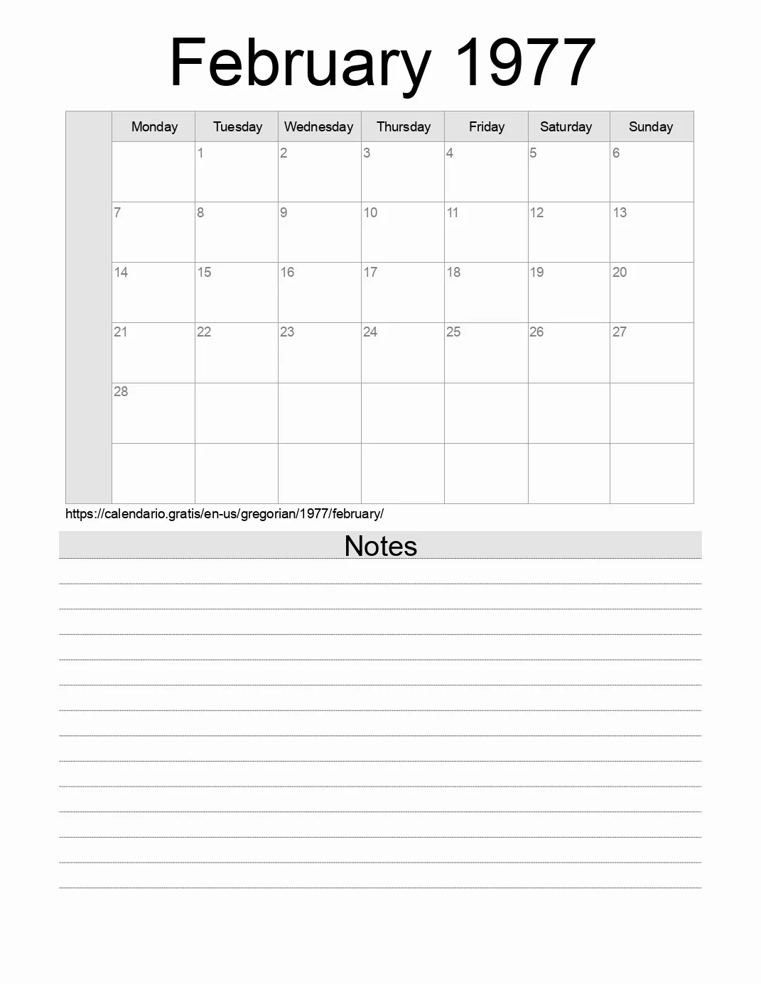 Calendar for printing with notes for 1977 February . (United States of America) Calendar for printing with notes for 1977 February . (United States of America)