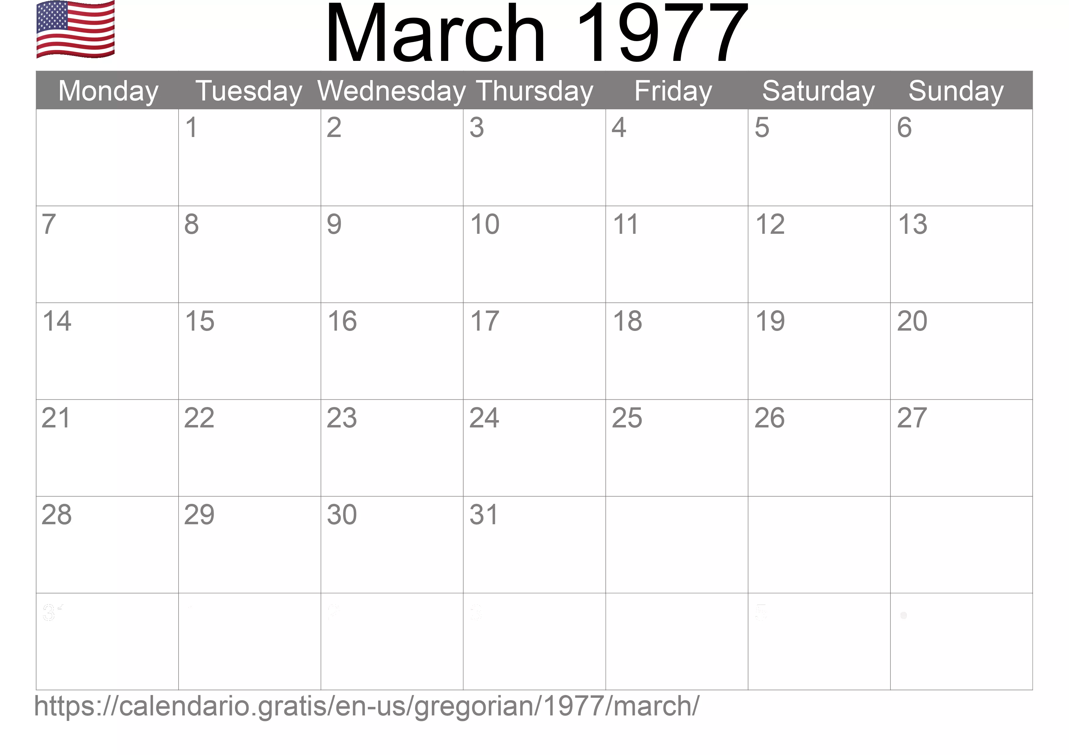 Calendar March 1977 to print (United States of America) Calendar March 1977 to print (United States of America)