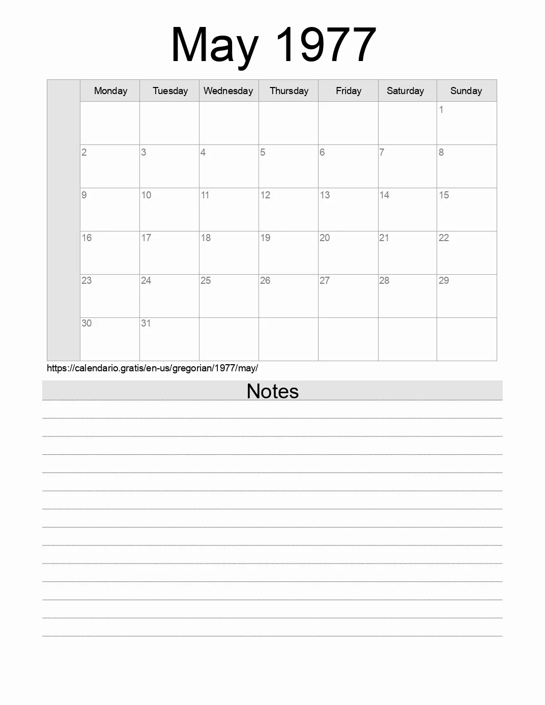 Calendar May 1977 from United States of America in English: Holidays