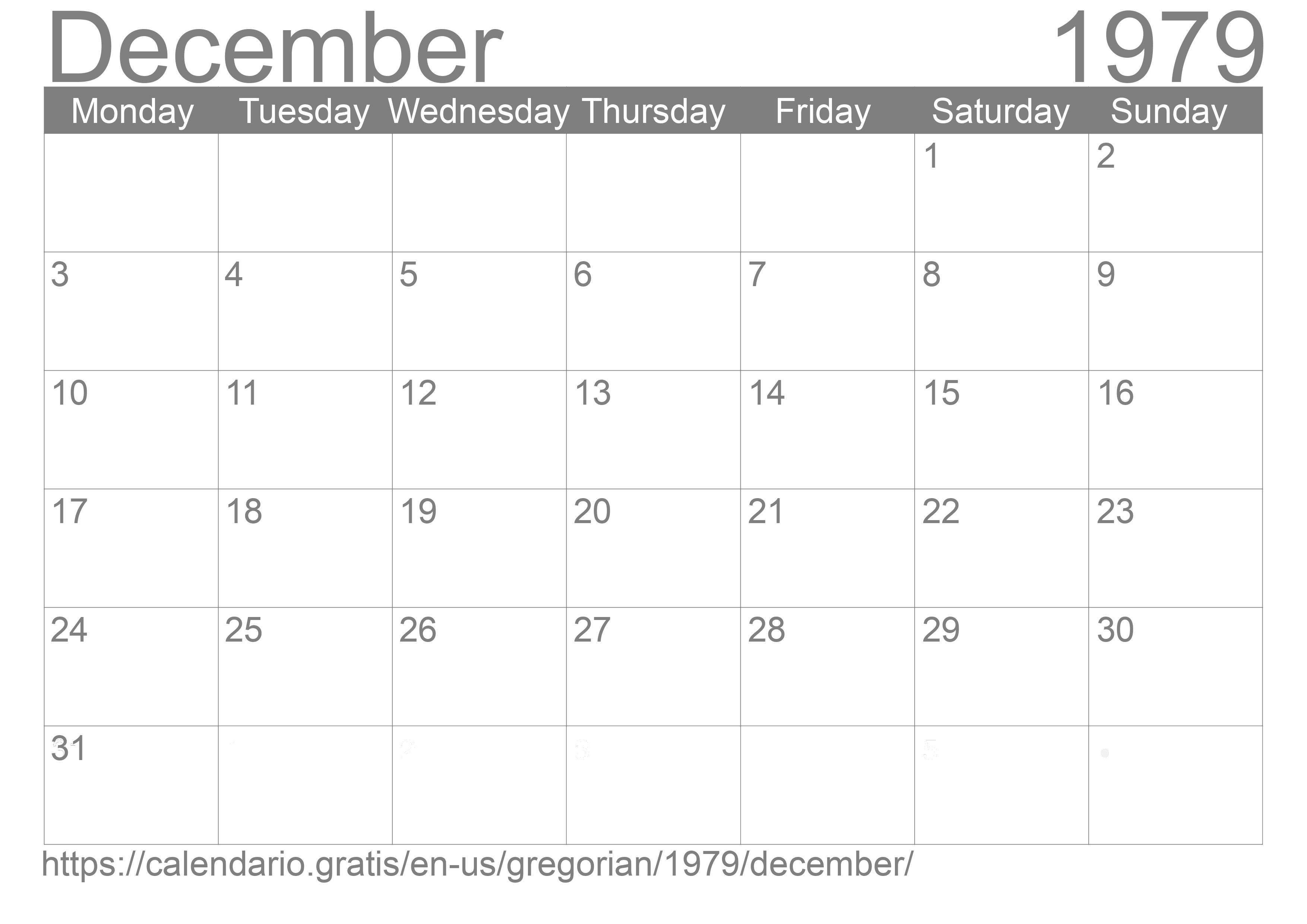 Calendar December 1979 to print