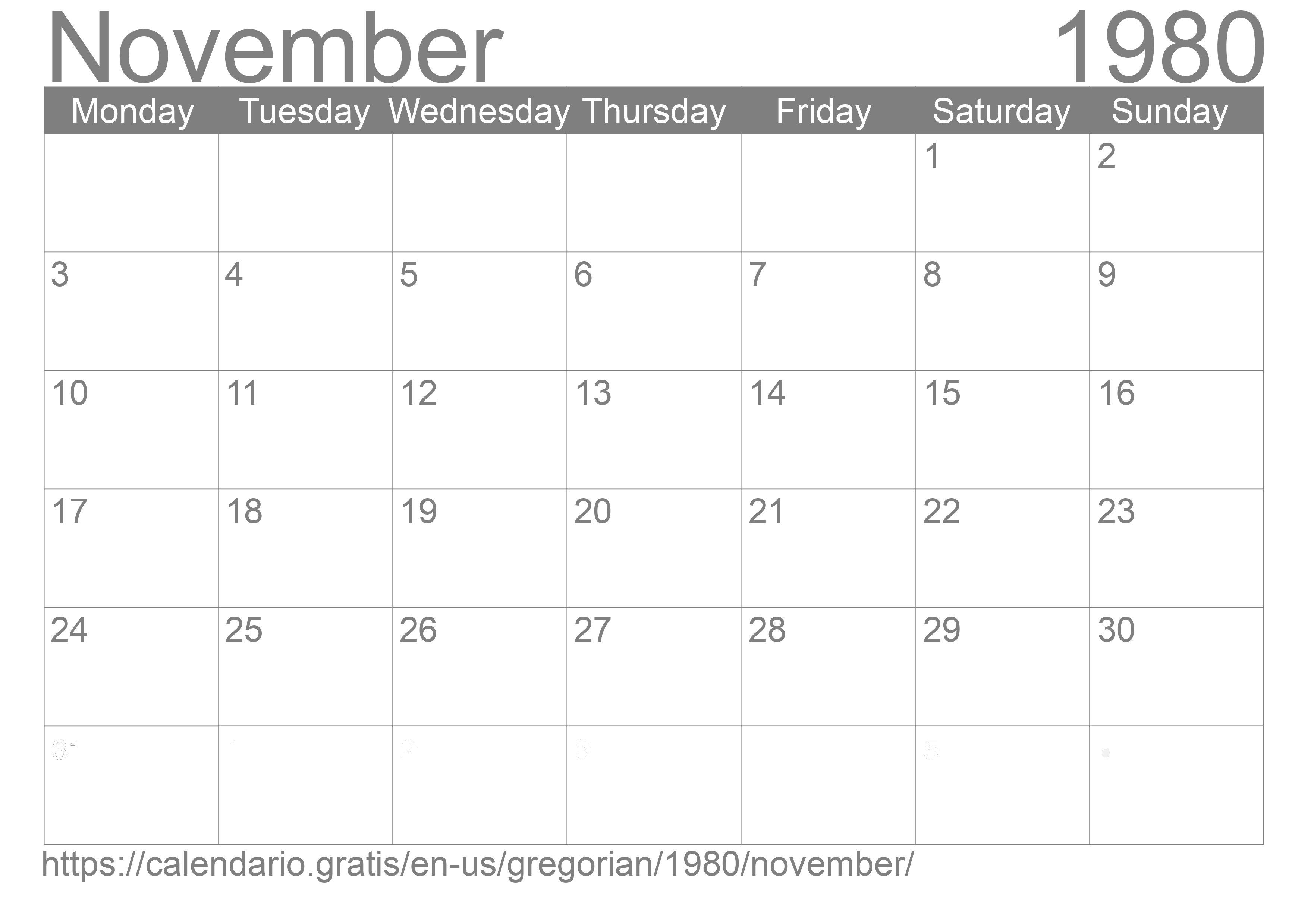 Calendar November 1980 to print