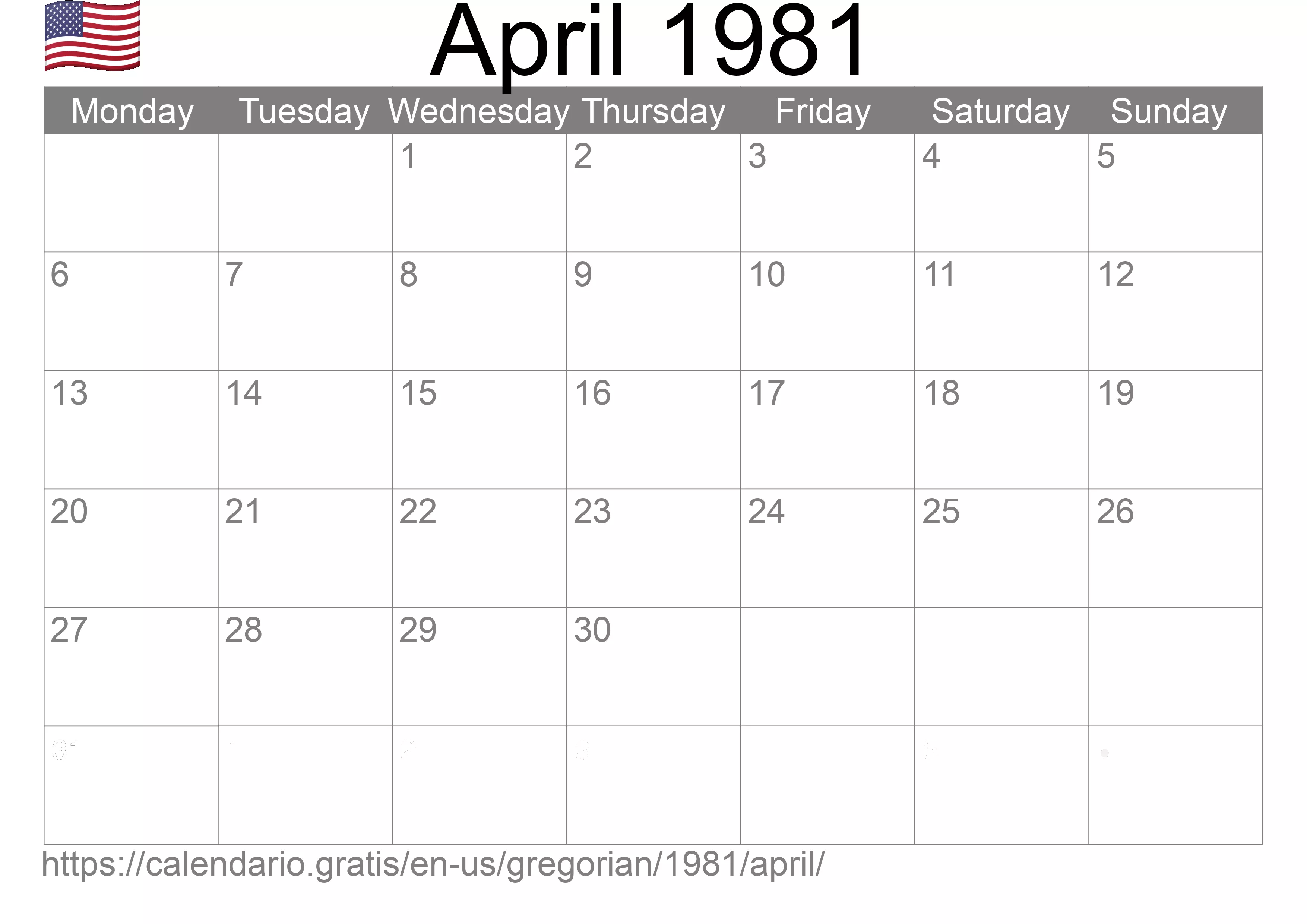 Calendar April 1981 to print (United States of America) Calendar April 1981 to print (United States of America)