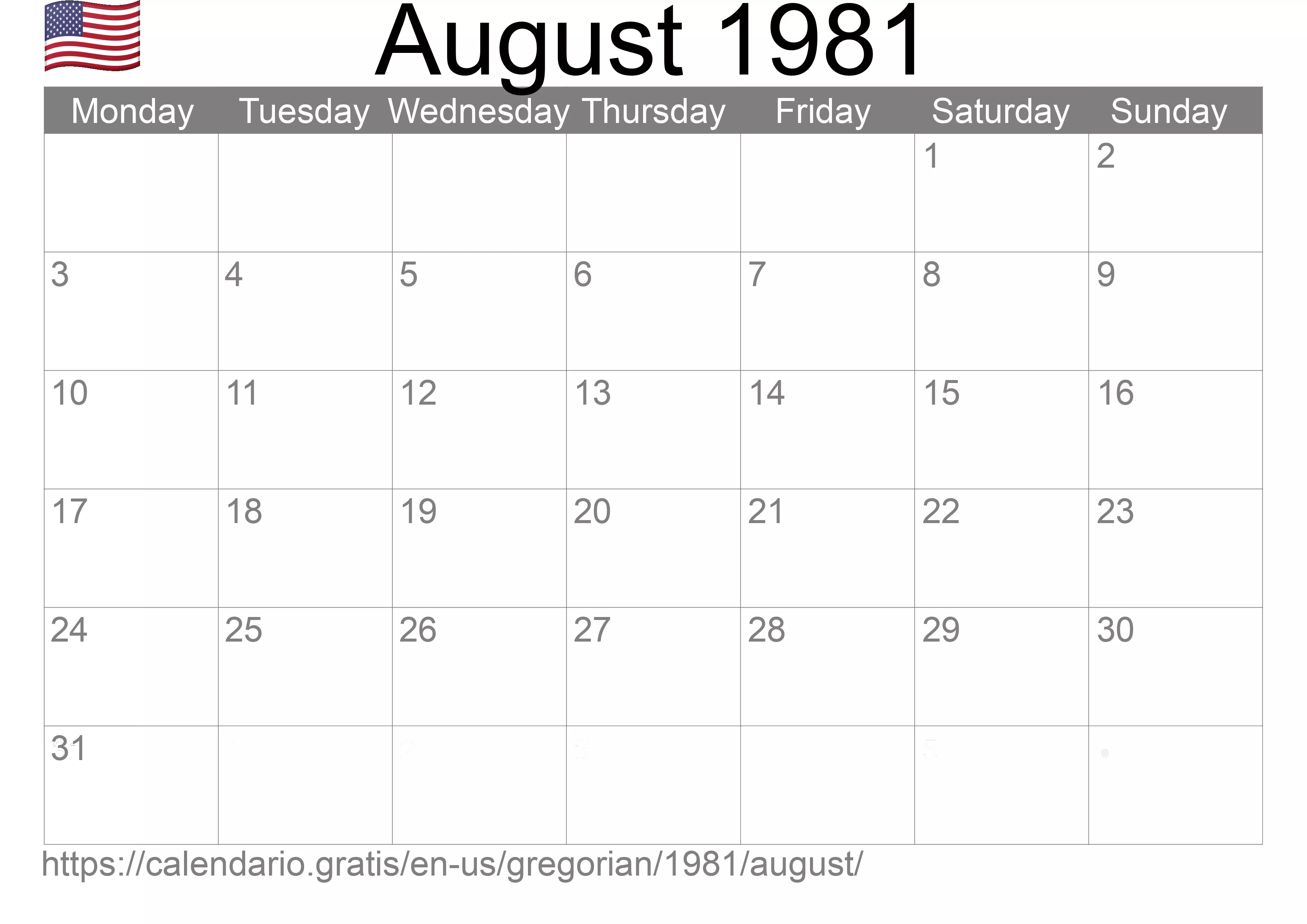 Calendar August 1981 to print (United States of America) Calendar August 1981 to print (United States of America)