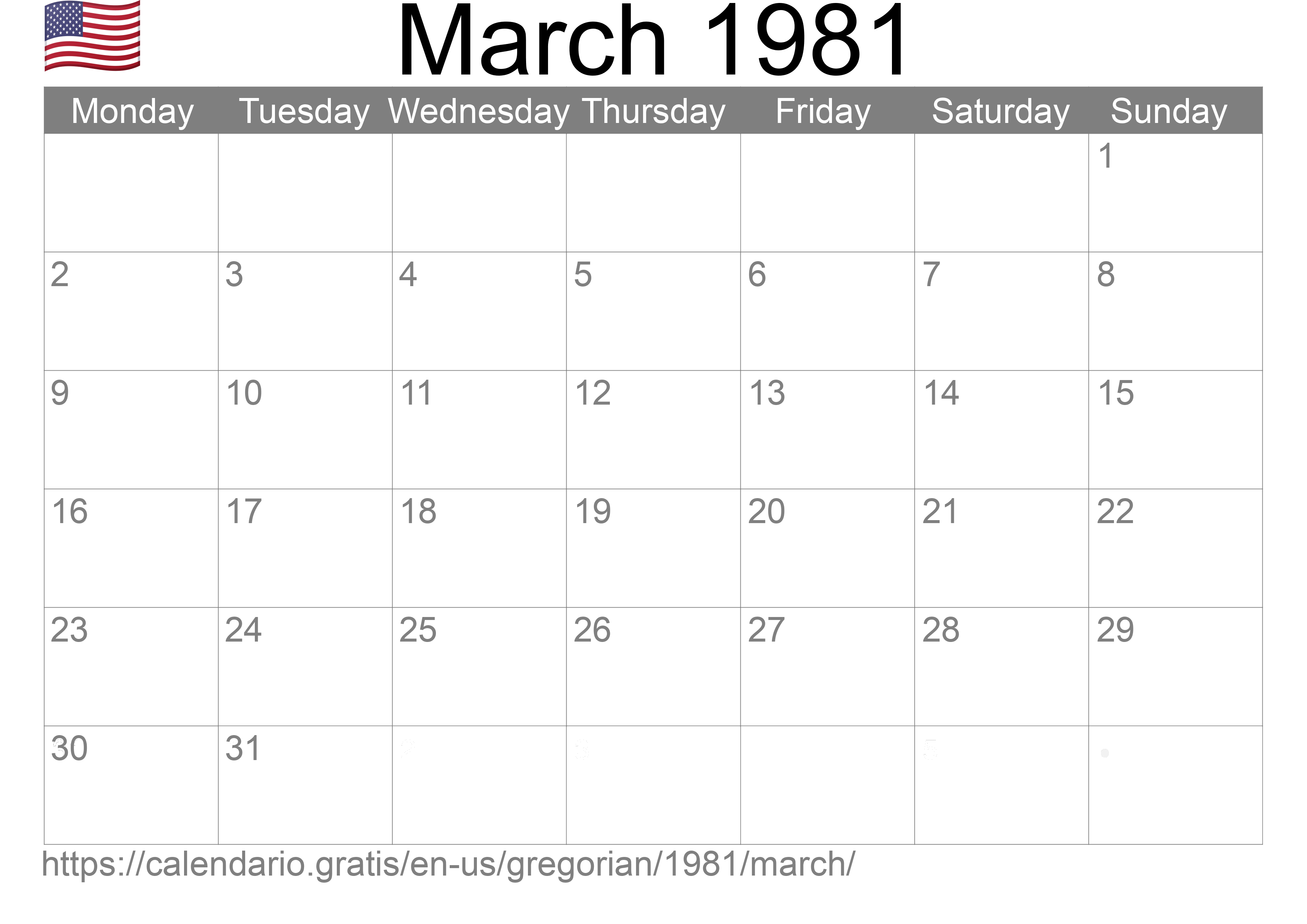 Calendar March 1981 to print