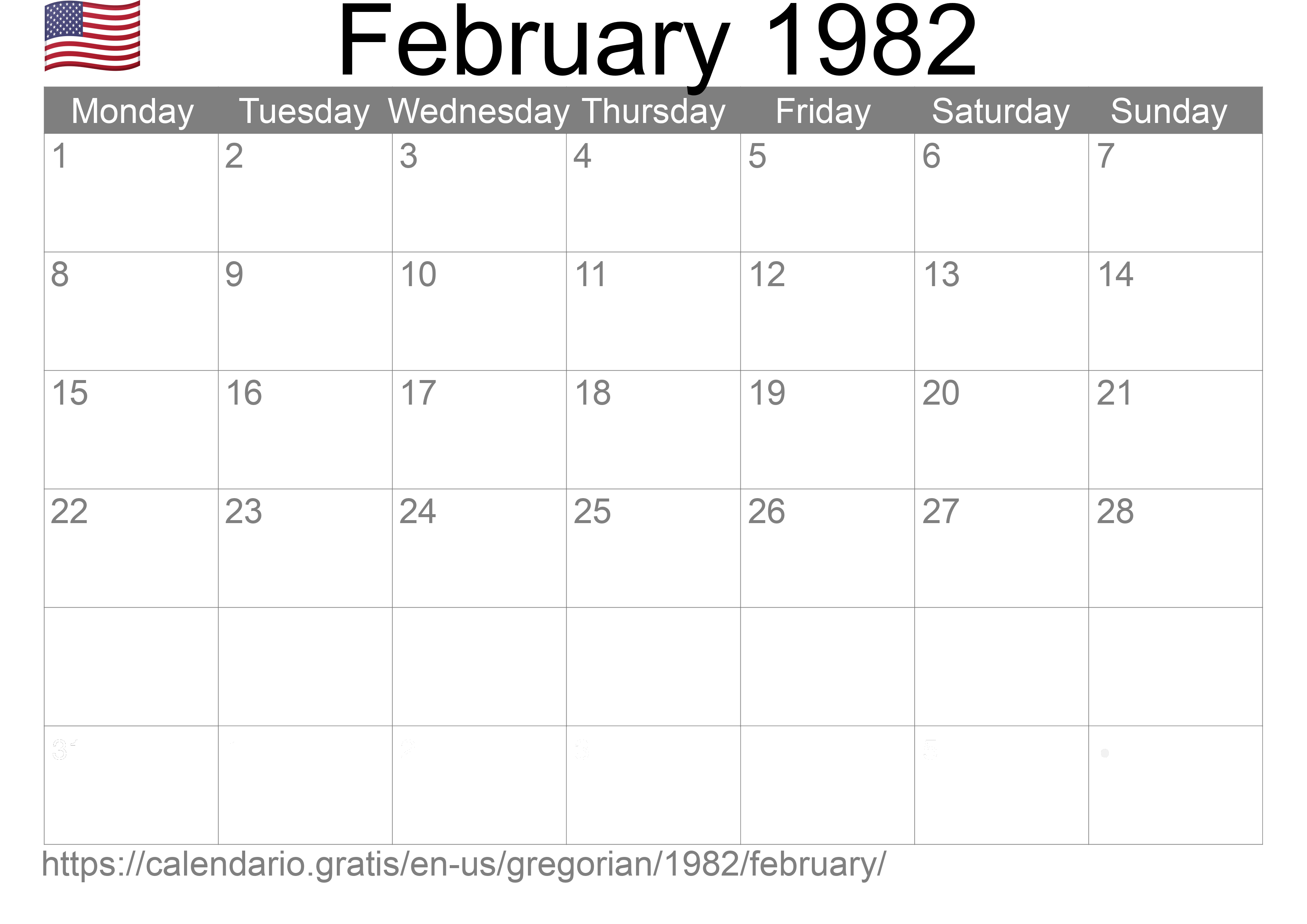 Calendar February 1982 to print