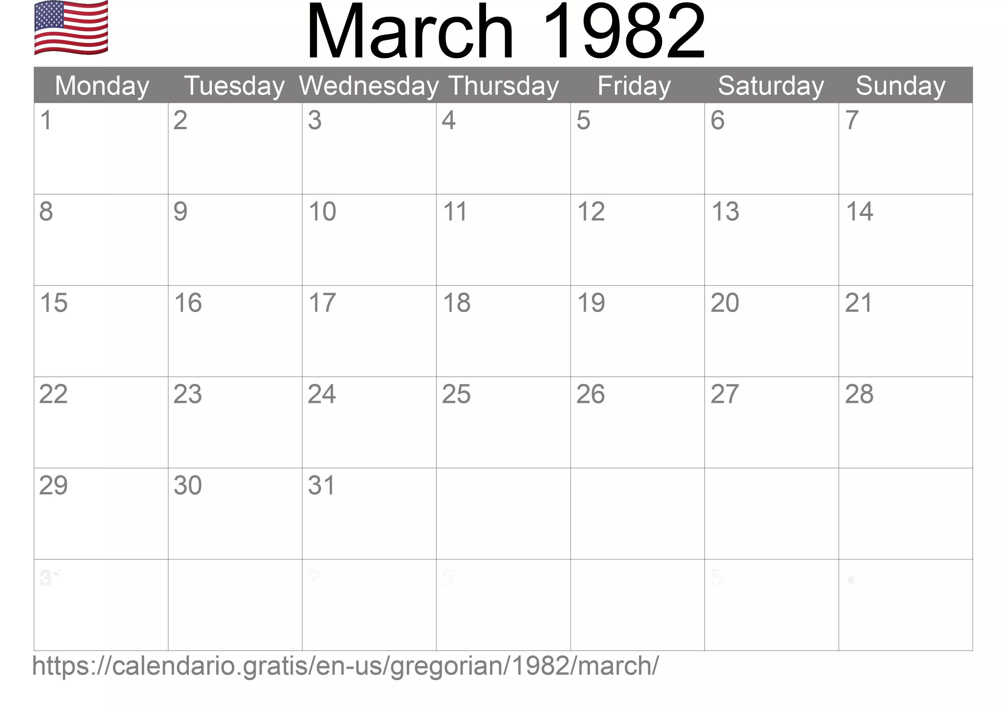 Calendar March 1982 to print (United States of America) Calendar March 1982 to print (United States of America)
