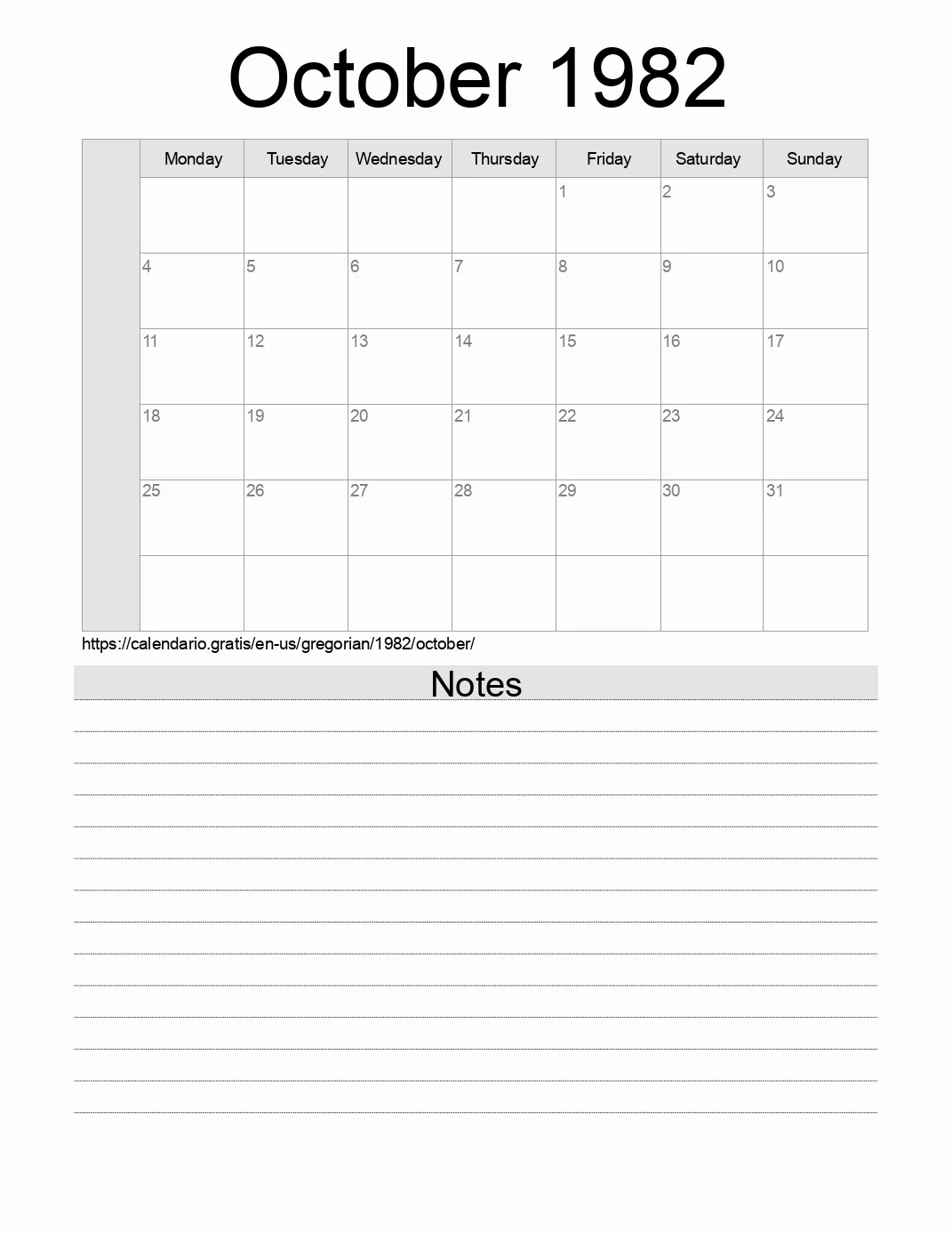 Calendar for printing with notes for 1982 October . (United States of America)